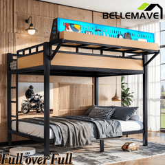 Bellemave® Metal Bunk Bed with Storage Shelves & Pegboard, Bunk Bed Frame with USB Ports & LED Lights for Teens and Adults - Bellemave