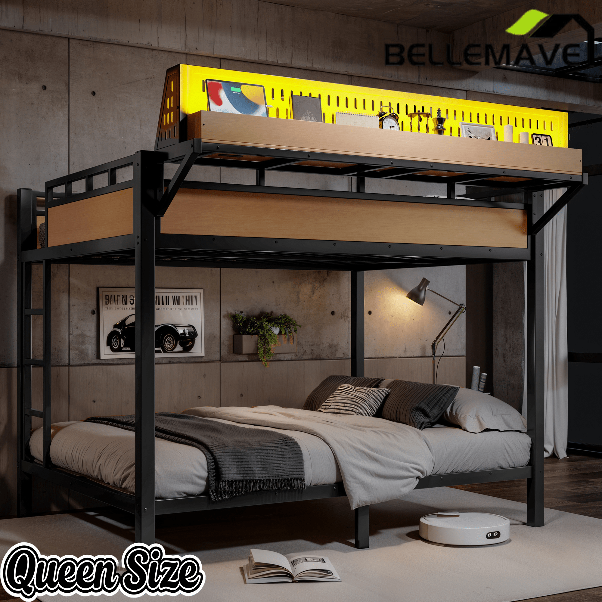 Bellemave® Metal Bunk Bed with Storage Shelves & Pegboard, Bunk Bed Frame with USB Ports & LED Lights for Teens and Adults - Bellemave