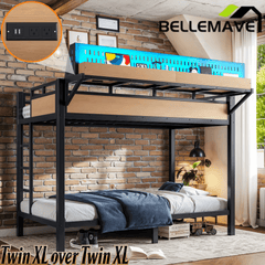 Bellemave® Metal Bunk Bed with Storage Shelves & Pegboard, Bunk Bed Frame with USB Ports & LED Lights for Teens and Adults - Bellemave