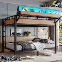 Bellemave® Metal Bunk Bed with Storage Shelves & Pegboard, Bunk Bed Frame with USB Ports & LED Lights for Teens and Adults - Bellemave