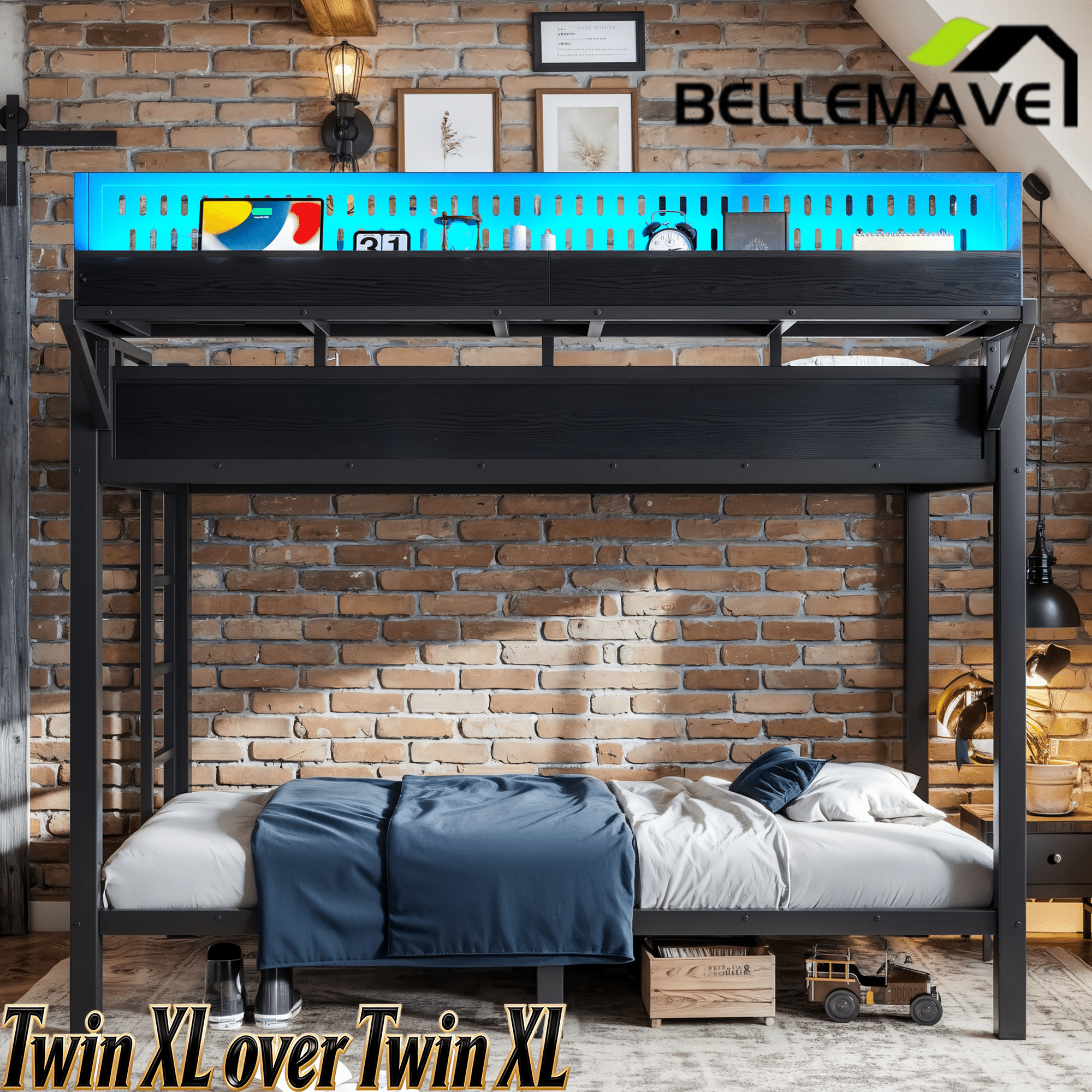 Bellemave® Metal Bunk Bed with Storage Shelves & Pegboard, Bunk Bed Frame with USB Ports & LED Lights for Teens and Adults - Bellemave