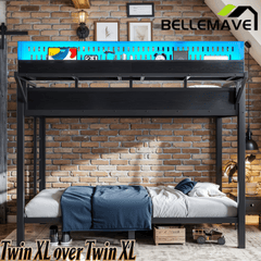 Bellemave® Metal Bunk Bed with Storage Shelves & Pegboard, Bunk Bed Frame with USB Ports & LED Lights for Teens and Adults - Bellemave