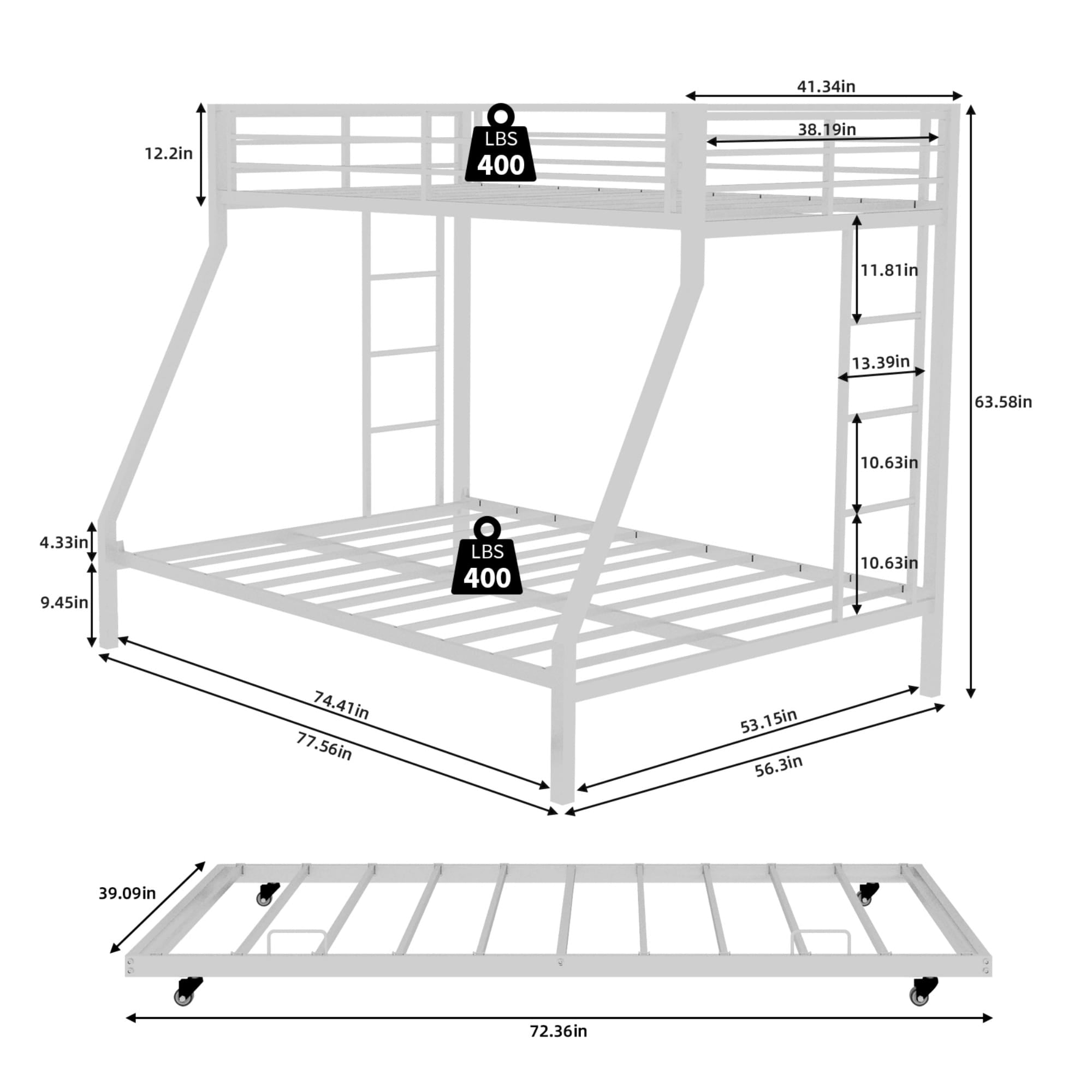 Bellemave® Metal Bunk Bed with Trundle, Twin Over Full Bunk Bed with Guardrail and Ladder for Kids/Teenagers, Adults, White - Bellemave