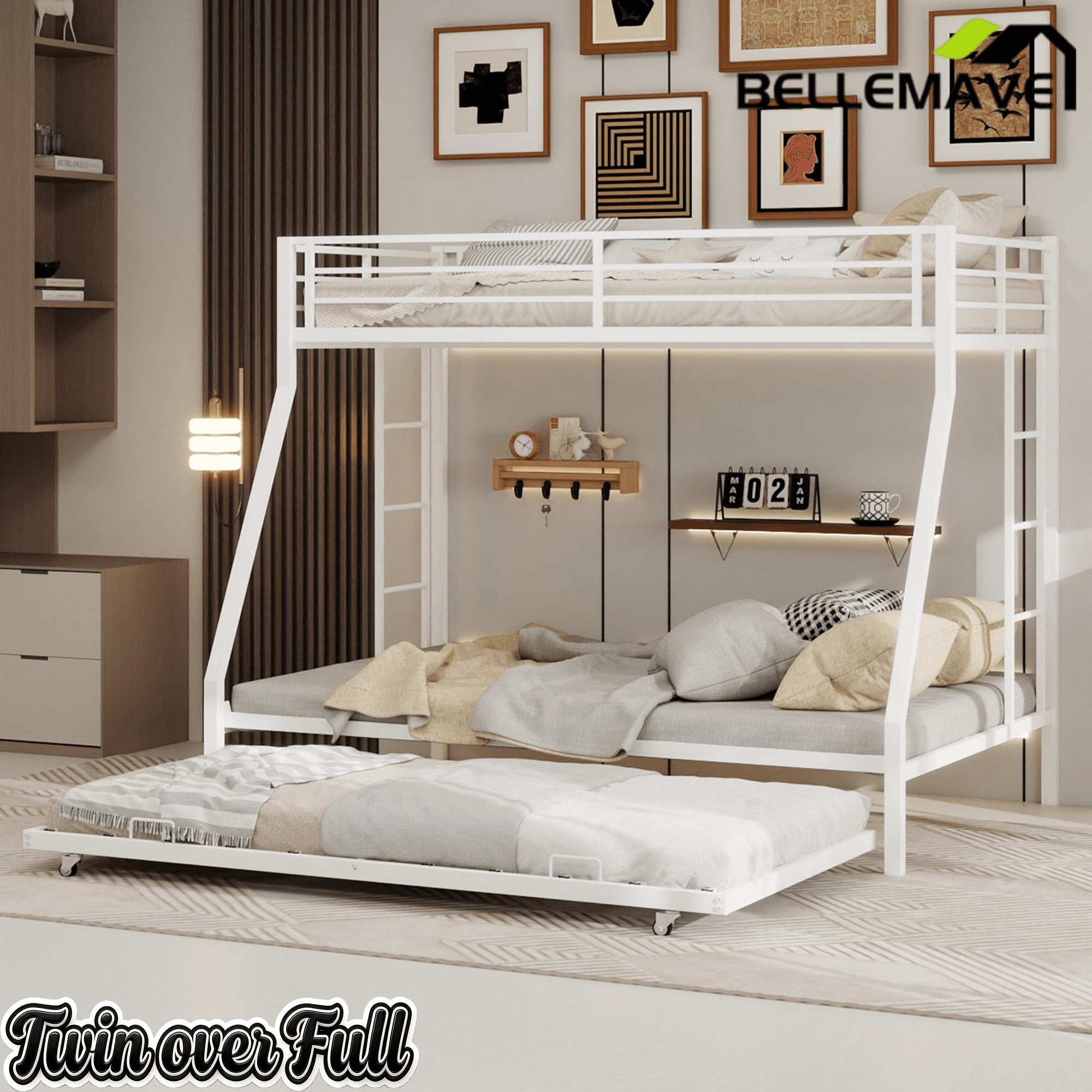 Bellemave® Metal Bunk Bed with Trundle, Twin Over Full Bunk Bed with Guardrail and Ladder for Kids/Teenagers, Adults, White - Bellemave