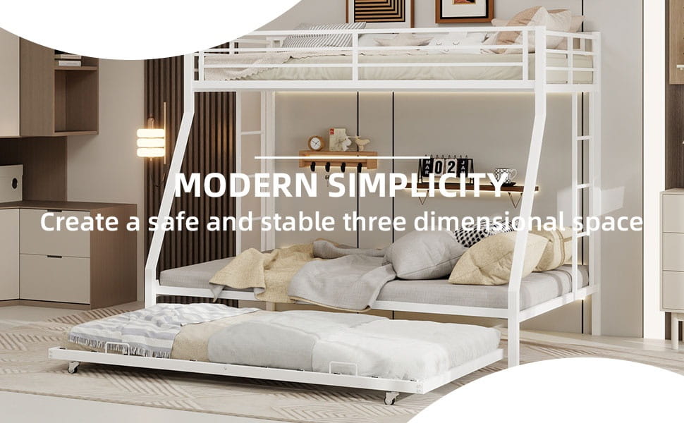 Bellemave® Metal Bunk Bed with Trundle, Twin Over Full Bunk Bed with Guardrail and Ladder for Kids/Teenagers, Adults, White - Bellemave