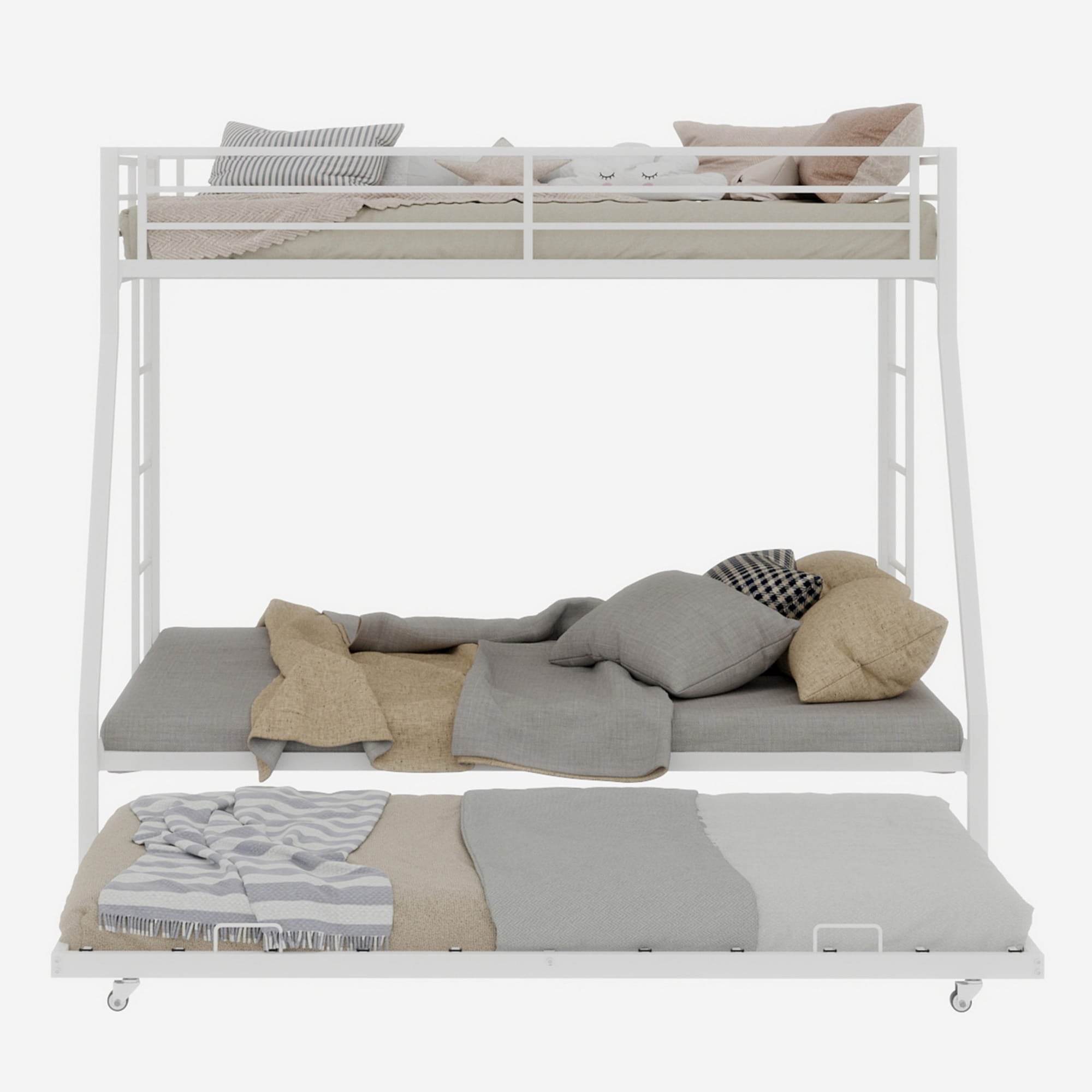 Bellemave® Metal Bunk Bed with Trundle, Twin Over Full Bunk Bed with Guardrail and Ladder for Kids/Teenagers, Adults, White - Bellemave