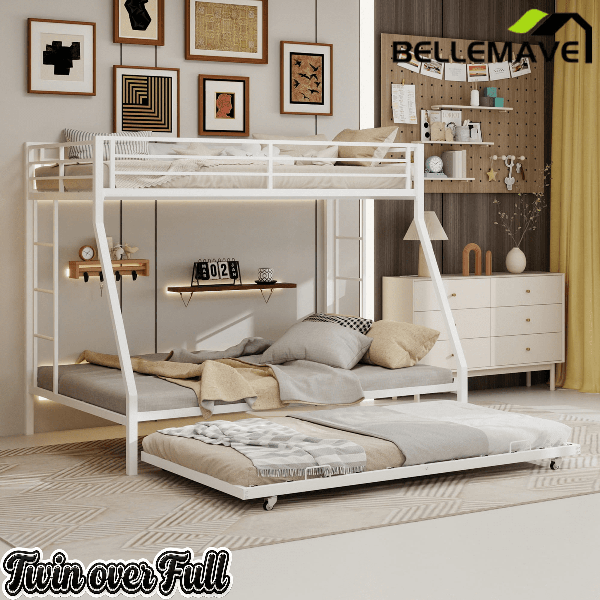 Bellemave® Metal Bunk Bed with Trundle, Twin Over Full Bunk Bed with Guardrail and Ladder for Kids/Teenagers, Adults, White - Bellemave