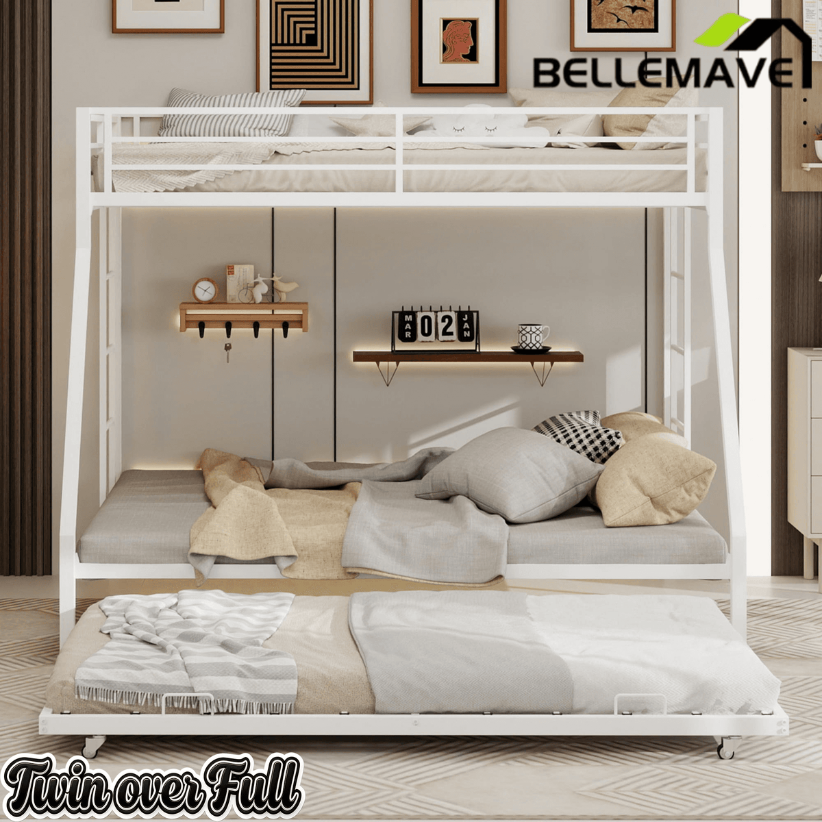 Bellemave® Metal Bunk Bed with Trundle, Twin Over Full Bunk Bed with Guardrail and Ladder for Kids/Teenagers, Adults, White - Bellemave