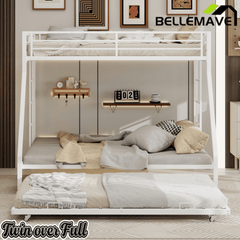 Bellemave® Metal Bunk Bed with Trundle, Twin Over Full Bunk Bed with Guardrail and Ladder for Kids/Teenagers, Adults, White - Bellemave