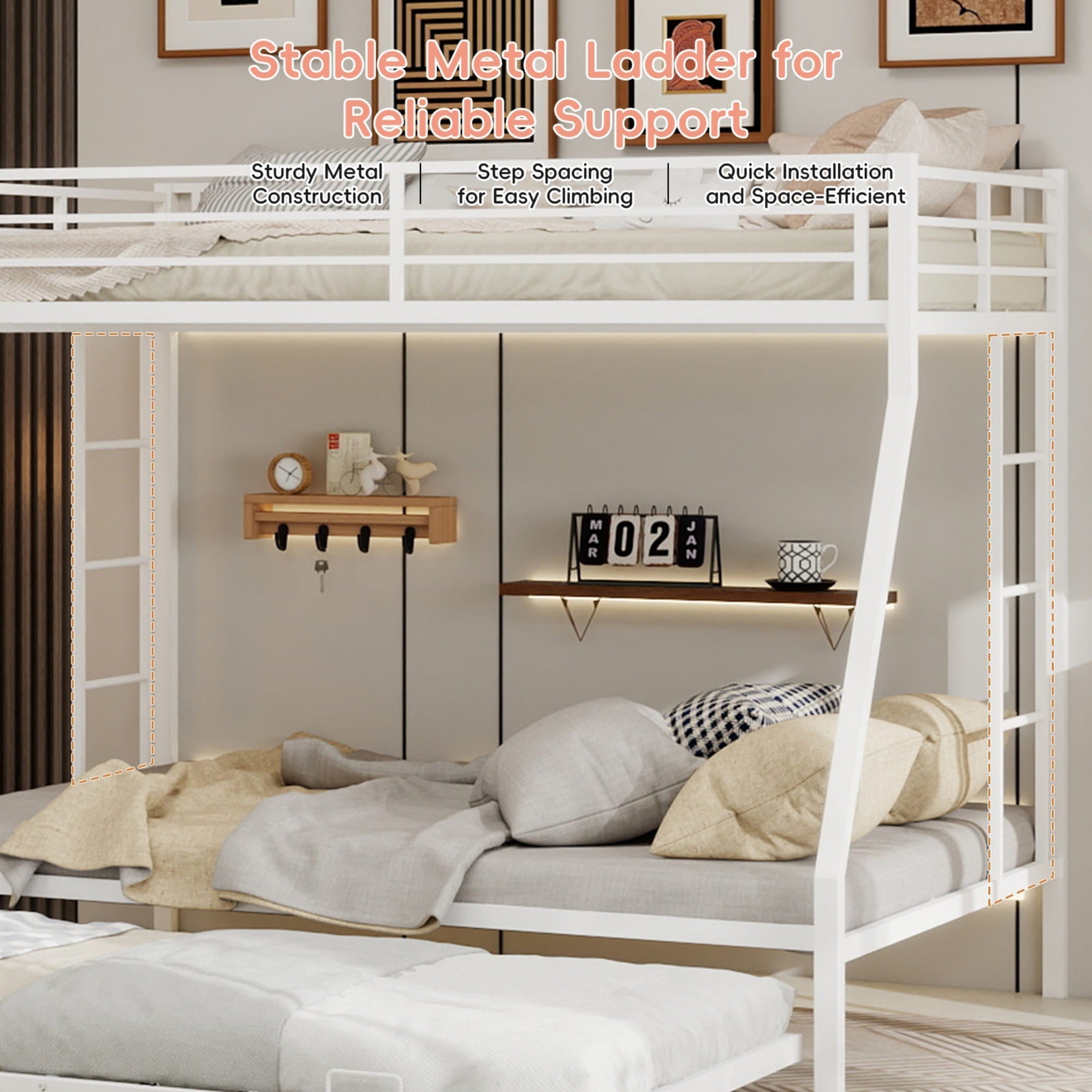 Bellemave® Metal Bunk Bed with Trundle, Twin Over Full Bunk Bed with Guardrail and Ladder for Kids/Teenagers, Adults, White - Bellemave