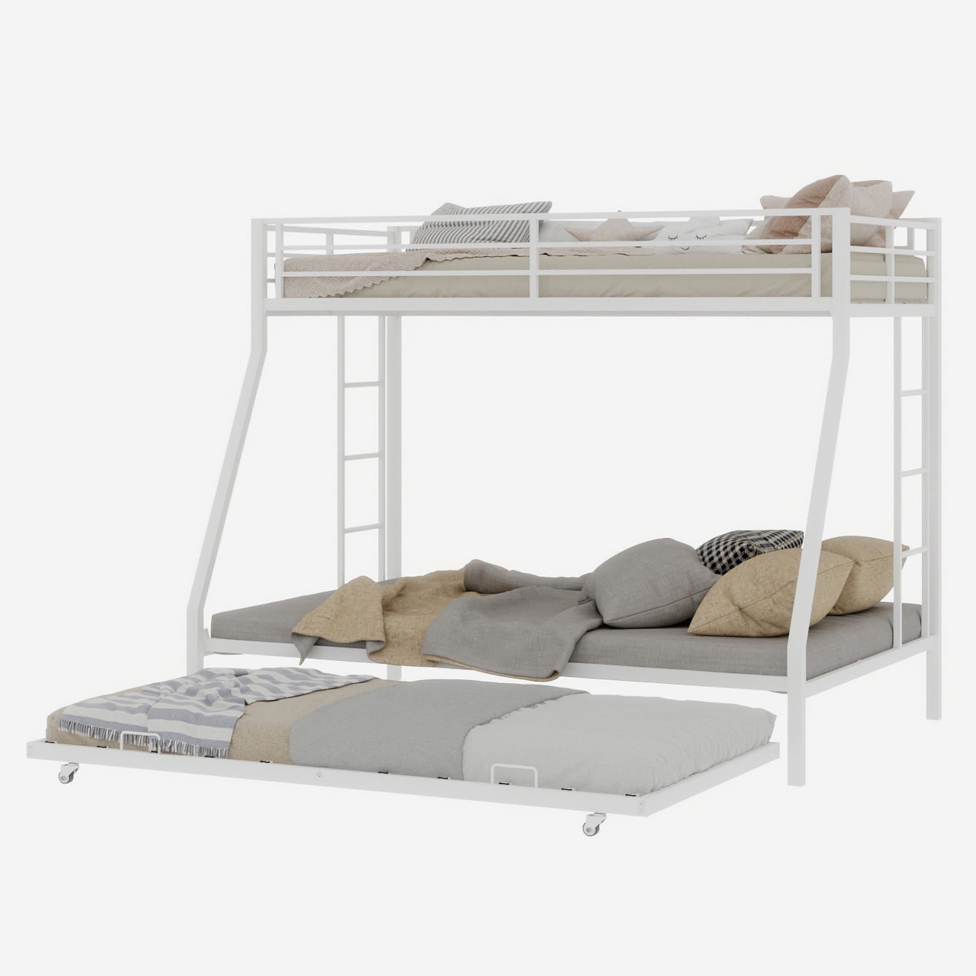 Bellemave® Metal Bunk Bed with Trundle, Twin Over Full Bunk Bed with Guardrail and Ladder for Kids/Teenagers, Adults, White - Bellemave