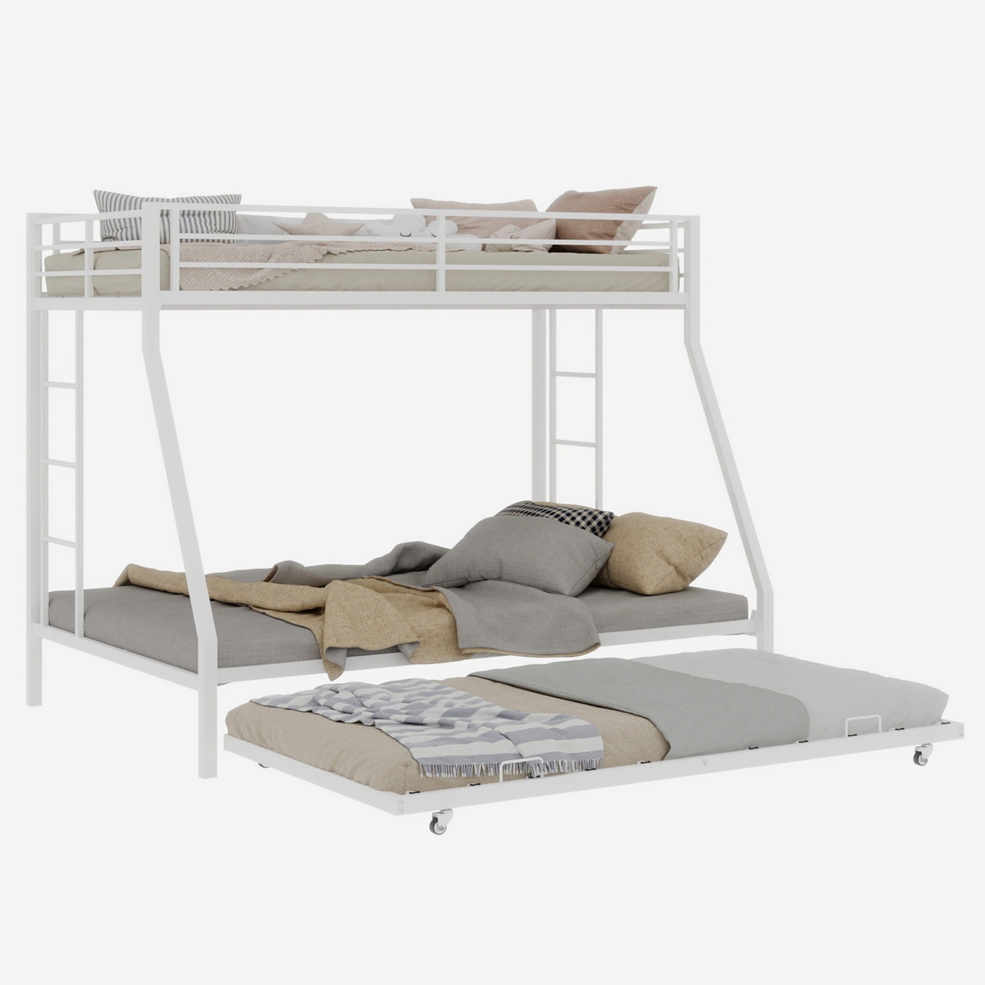 Bellemave® Metal Bunk Bed with Trundle, Twin Over Full Bunk Bed with Guardrail and Ladder for Kids/Teenagers, Adults, White - Bellemave
