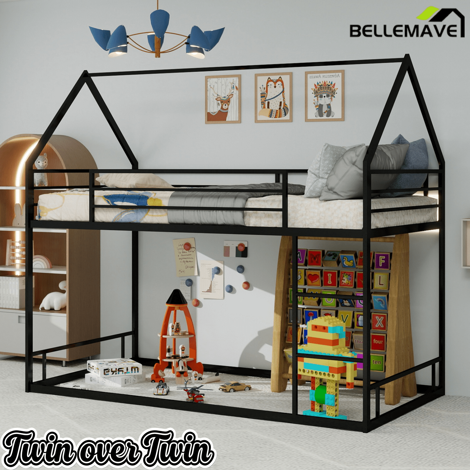 Bellemave® Metal Bunk beds Twin Over Twin Size, Bunk beds with guardrail for Kids, Floor bunk Bed, House loft Bed for Kids,Black - Bellemave