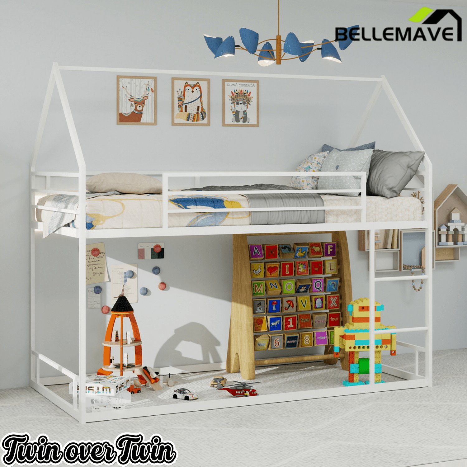 Bellemave® Metal Bunk beds Twin Over Twin Size, Bunk beds with guardrail for Kids, Floor bunk Bed, House loft Bed for Kids,Black - Bellemave