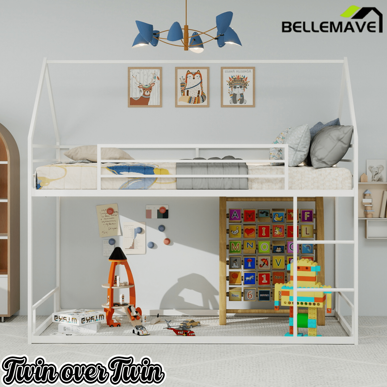 Bellemave® Metal Bunk beds Twin Over Twin Size, Bunk beds with guardrail for Kids, Floor bunk Bed, House loft Bed for Kids,Black - Bellemave