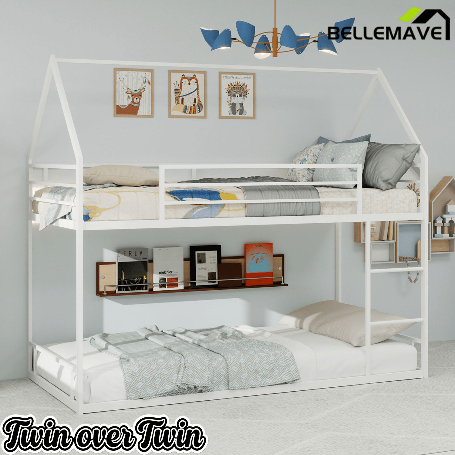 Bellemave® Metal Bunk beds Twin Over Twin Size, Bunk beds with guardrail for Kids, Floor bunk Bed, House loft Bed for Kids,Black - Bellemave