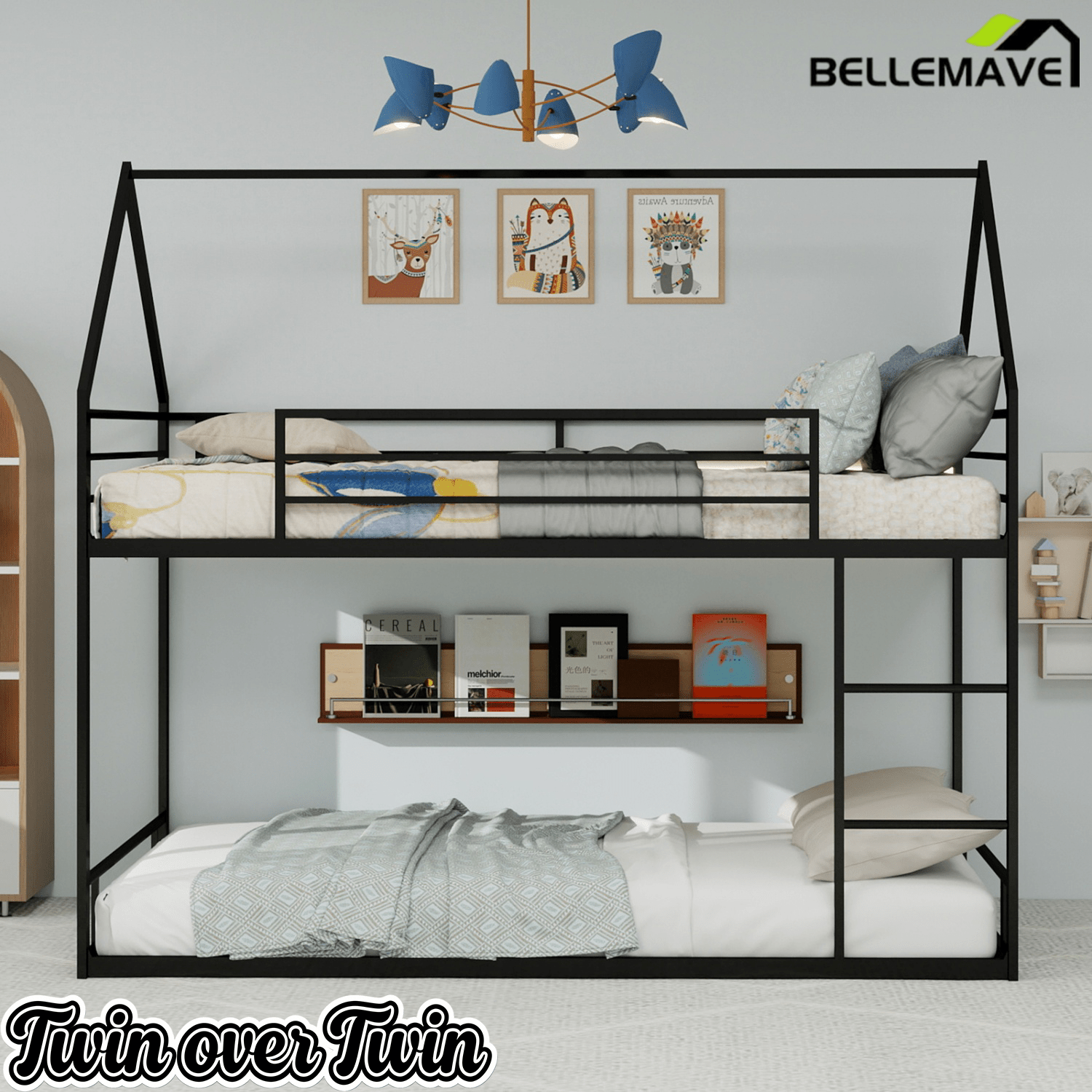 Bellemave® Metal Bunk beds Twin Over Twin Size, Bunk beds with guardrail for Kids, Floor bunk Bed, House loft Bed for Kids,Black - Bellemave