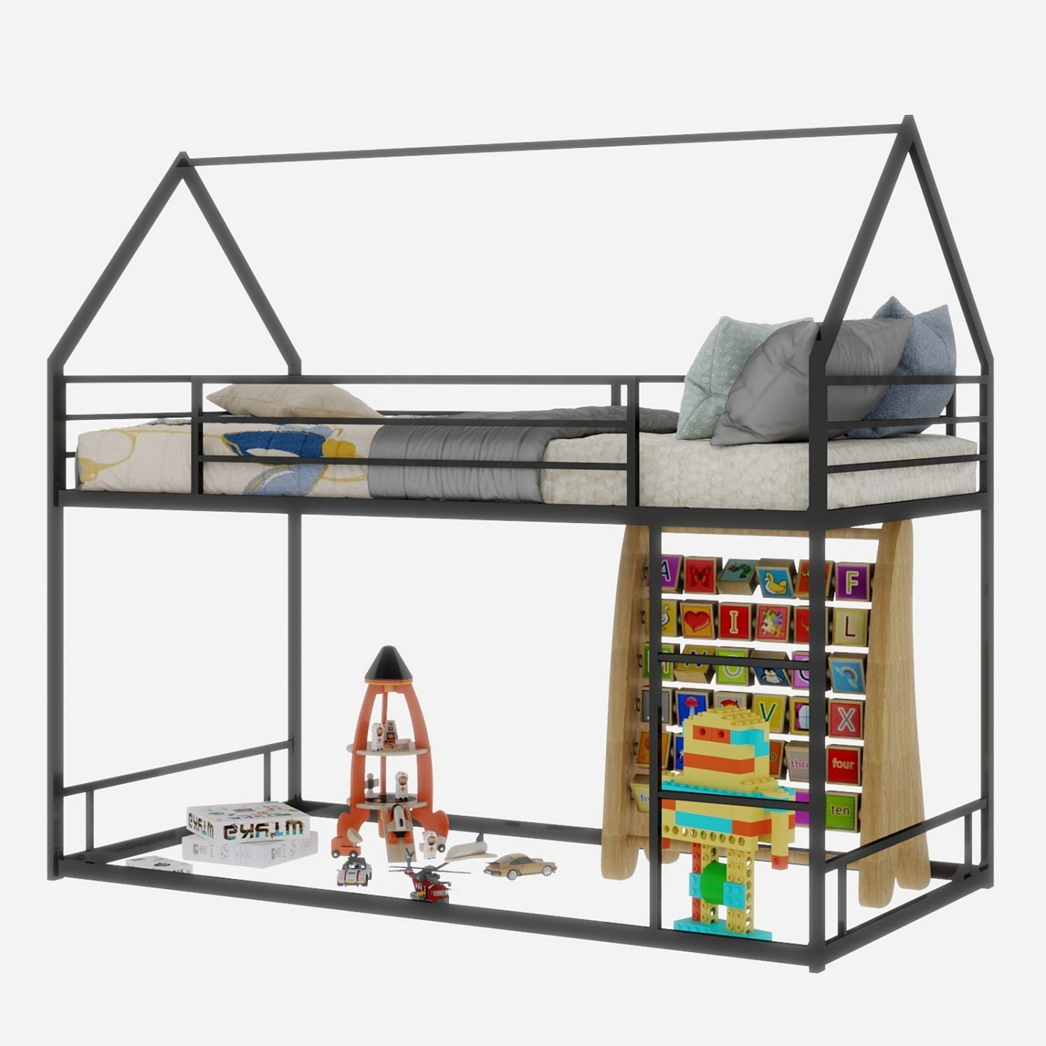 Bellemave® Metal Bunk beds Twin Over Twin Size, Bunk beds with guardrail for Kids, Floor bunk Bed, House loft Bed for Kids,Black - Bellemave