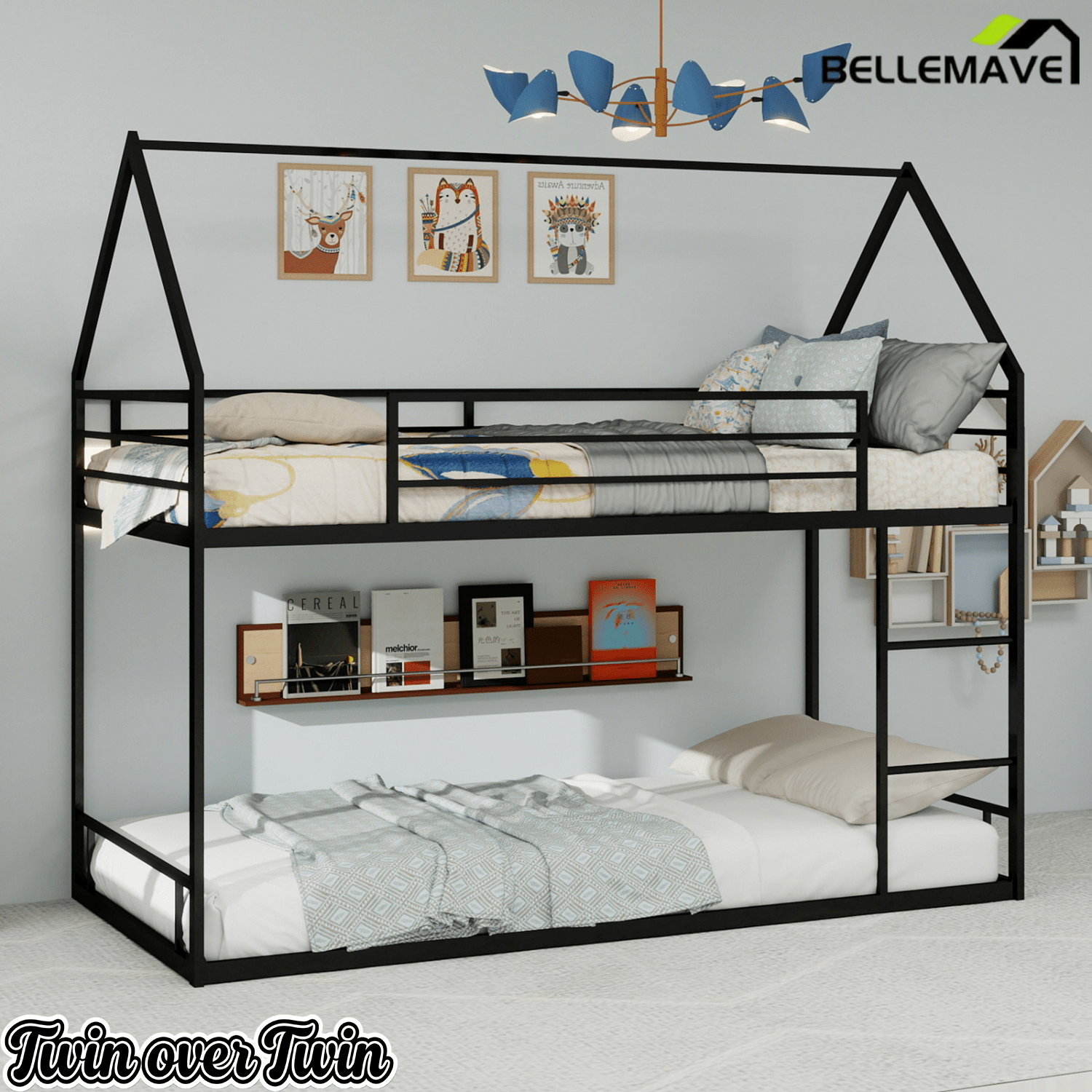 Bellemave® Metal Bunk beds Twin Over Twin Size, Bunk beds with guardrail for Kids, Floor bunk Bed, House loft Bed for Kids,Black - Bellemave