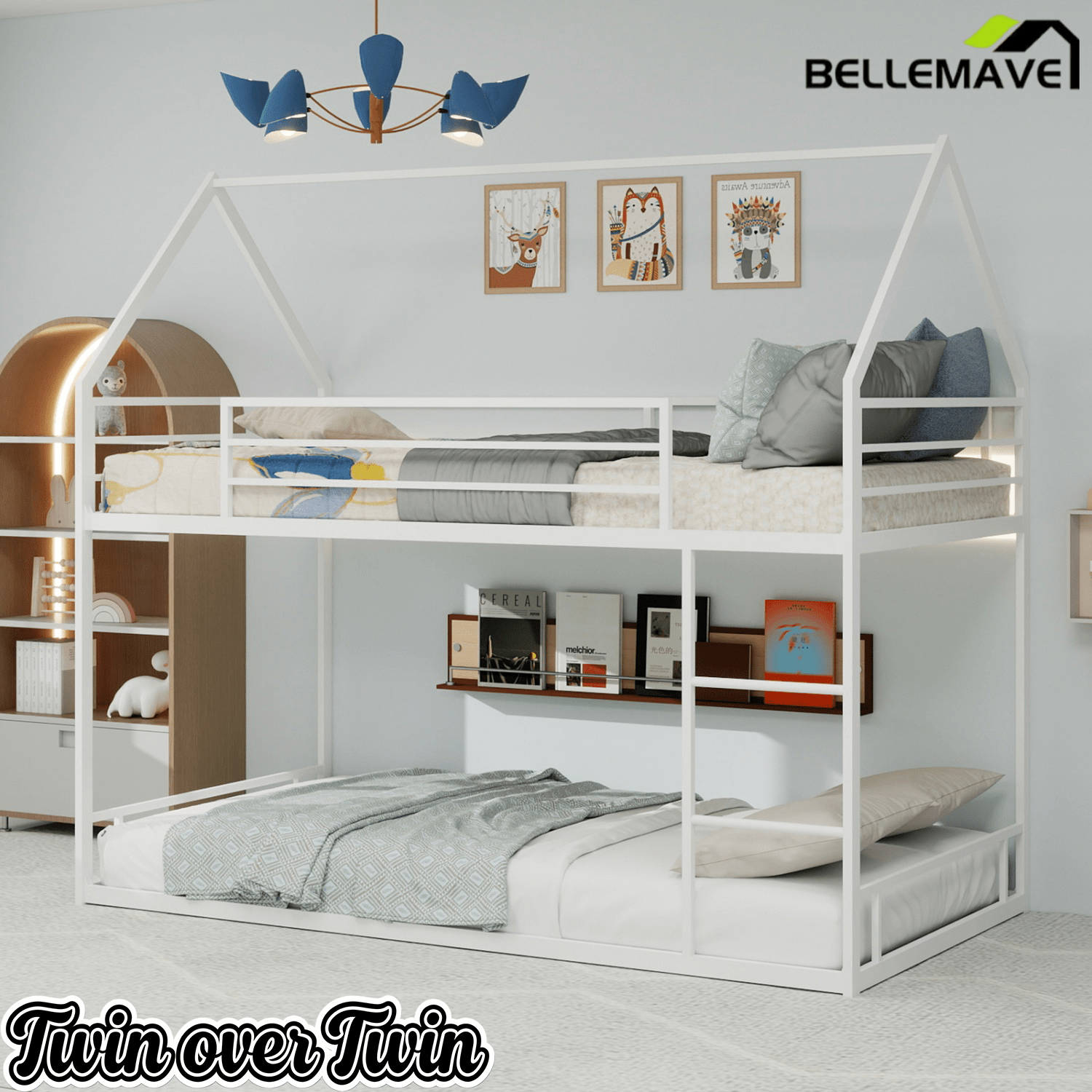 Bellemave® Metal Bunk beds Twin Over Twin Size, Bunk beds with guardrail for Kids, Floor bunk Bed, House loft Bed for Kids,Black - Bellemave