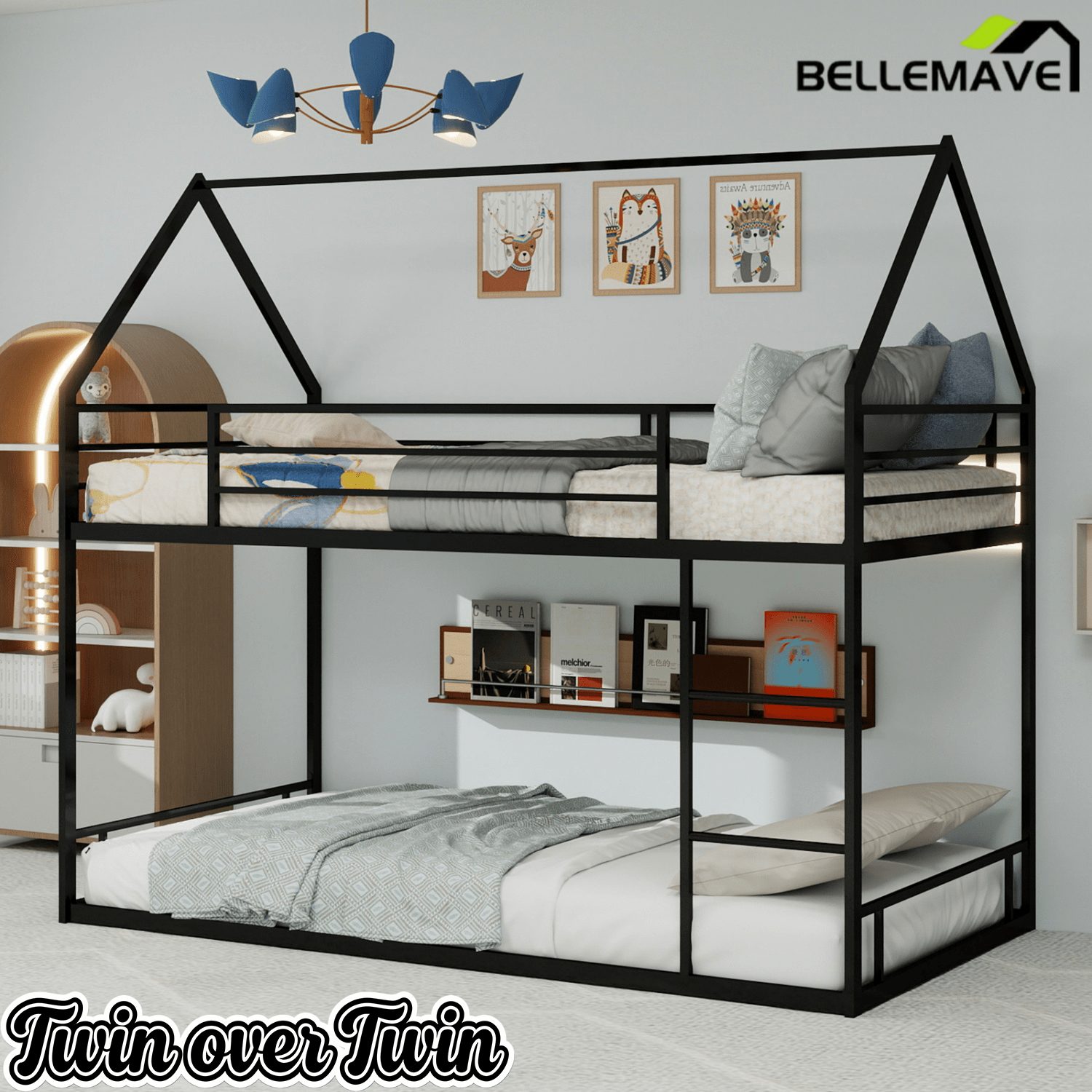 Bellemave® Metal Bunk beds Twin Over Twin Size, Bunk beds with guardrail for Kids, Floor bunk Bed, House loft Bed for Kids,Black - Bellemave