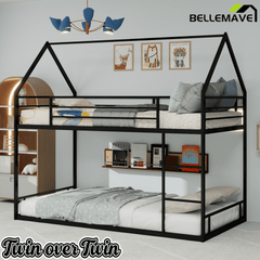 Bellemave® Metal Bunk beds Twin Over Twin Size, Bunk beds with guardrail for Kids, Floor bunk Bed, House loft Bed for Kids,Black - Bellemave