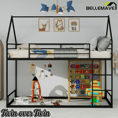 Bellemave® Metal Bunk beds Twin Over Twin Size, Bunk beds with guardrail for Kids, Floor bunk Bed, House loft Bed for Kids,Black - Bellemave