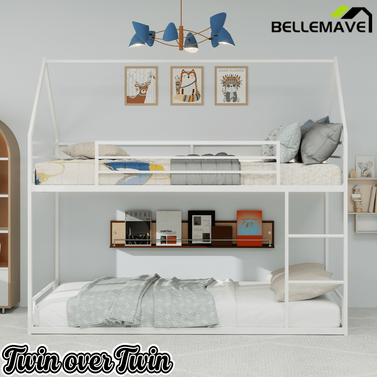 Bellemave® Metal Bunk beds Twin Over Twin Size, Bunk beds with guardrail for Kids, Floor bunk Bed, House loft Bed for Kids,Black - Bellemave