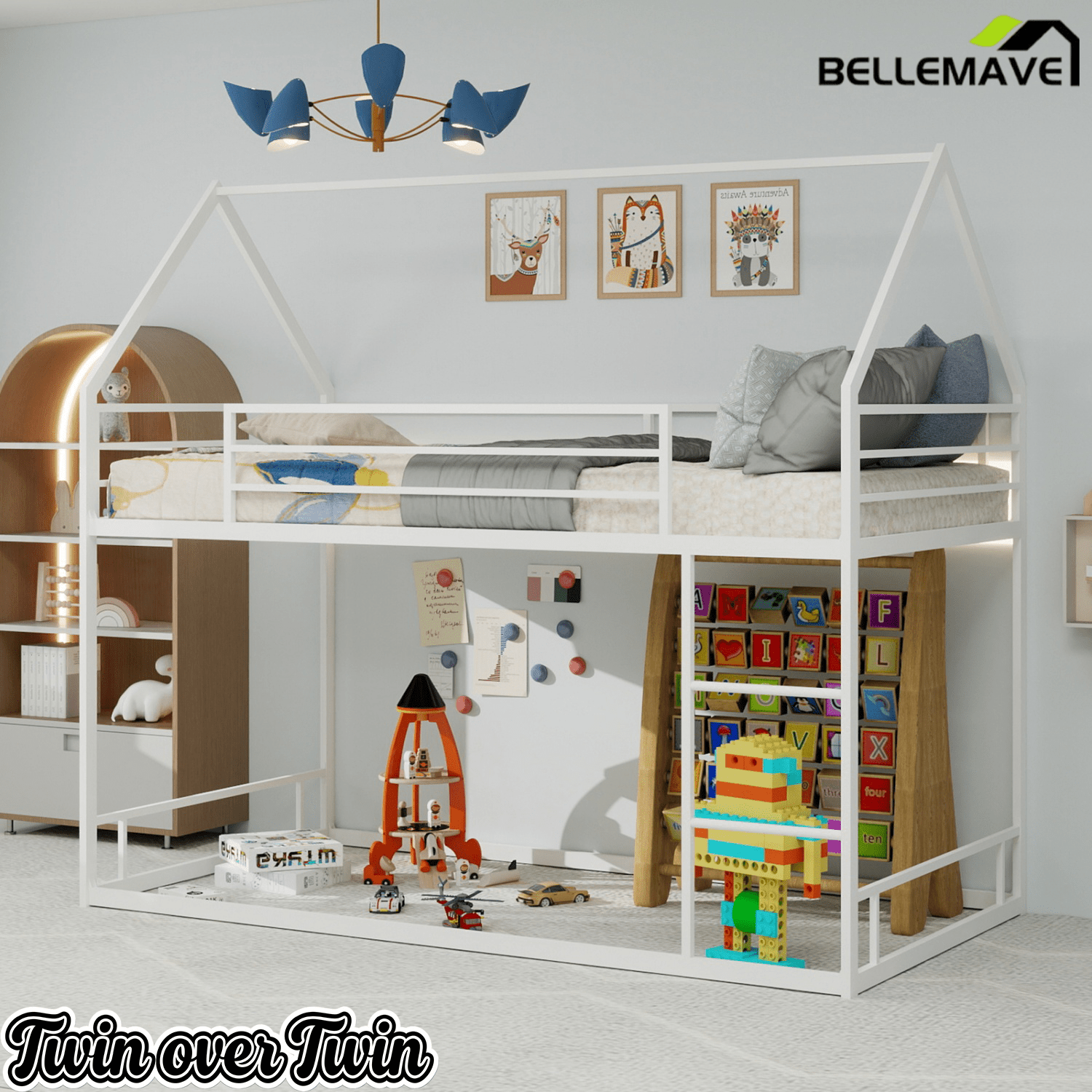Bellemave® Metal Bunk beds Twin Over Twin Size, Bunk beds with guardrail for Kids, Floor bunk Bed, House loft Bed for Kids,Black - Bellemave