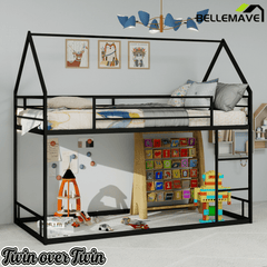 Bellemave® Metal Bunk beds Twin Over Twin Size, Bunk beds with guardrail for Kids, Floor bunk Bed, House loft Bed for Kids,Black - Bellemave