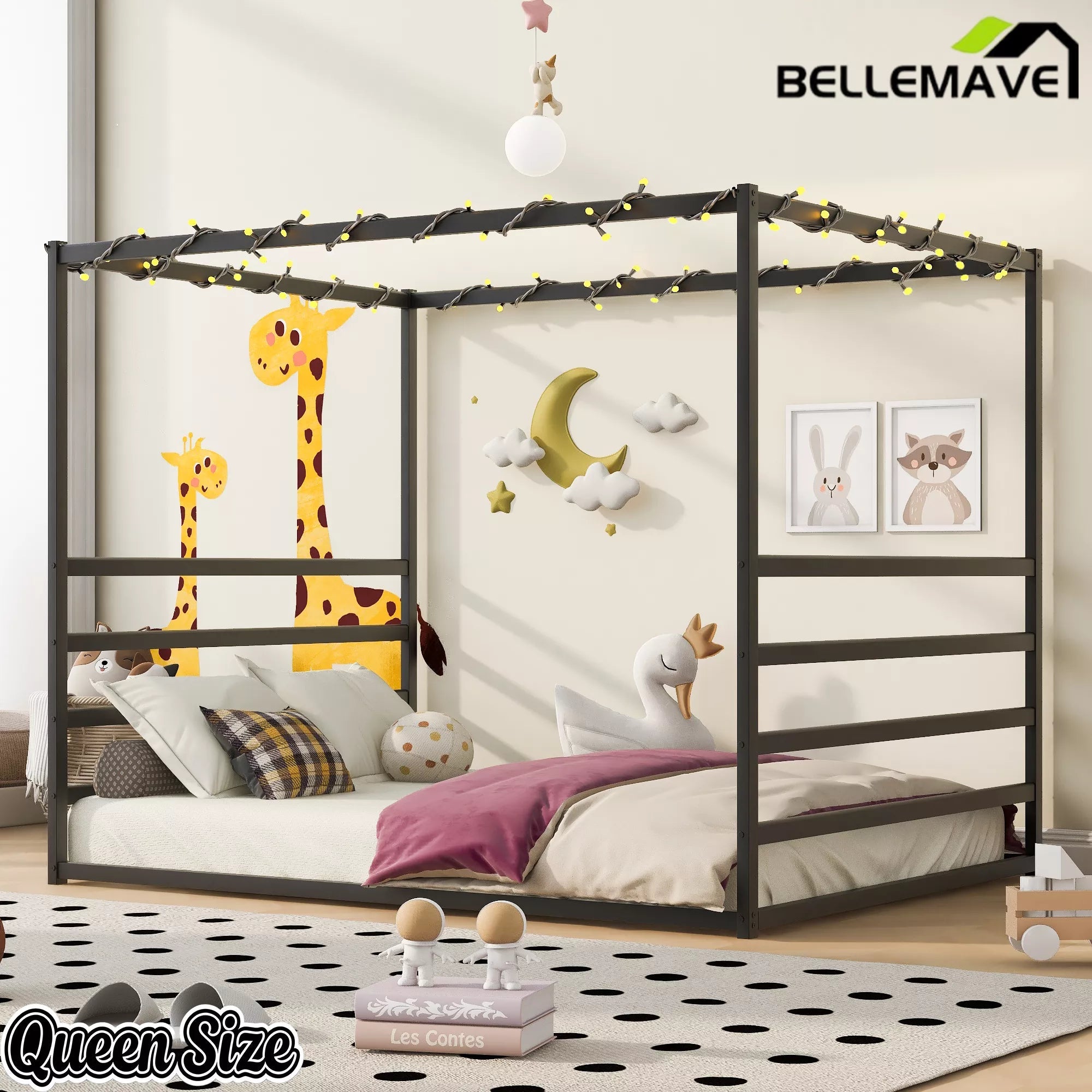 Bellemave® Metal Canopy Floor Bed with Guardrails - Bellemave
