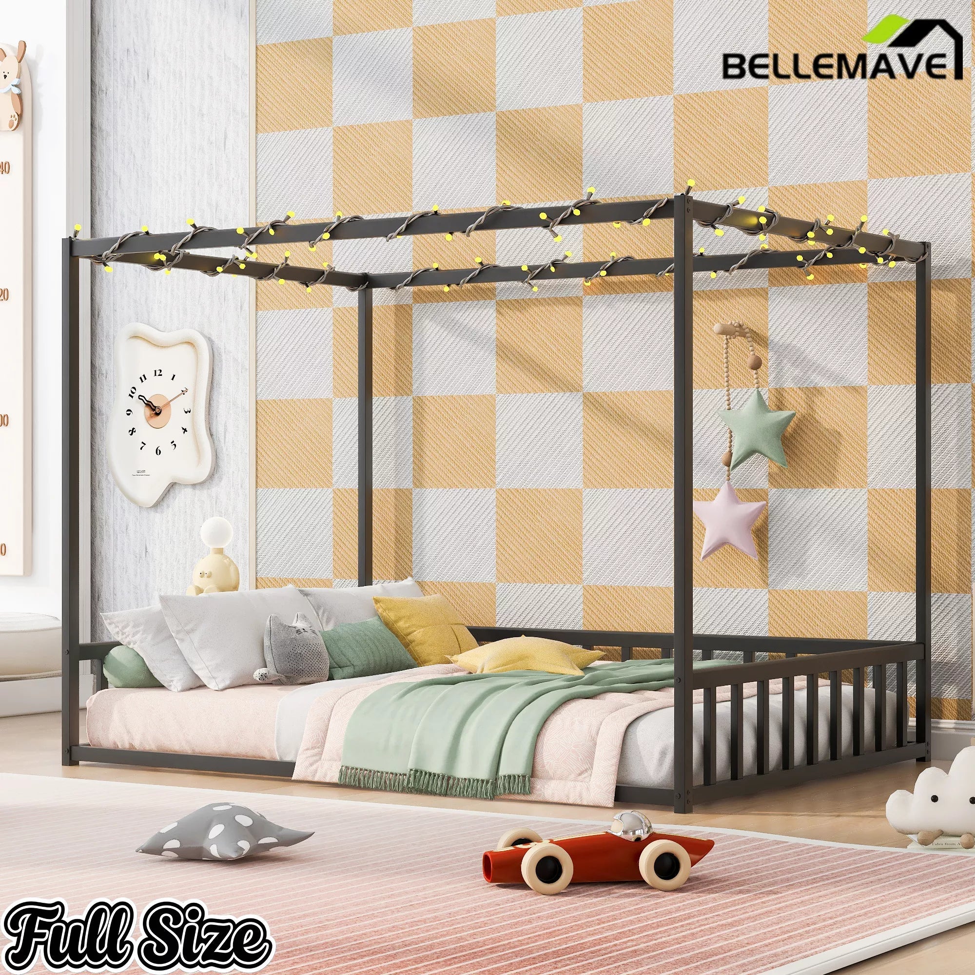 Bellemave® Metal Canopy Floor Bed with Guardrails - Bellemave
