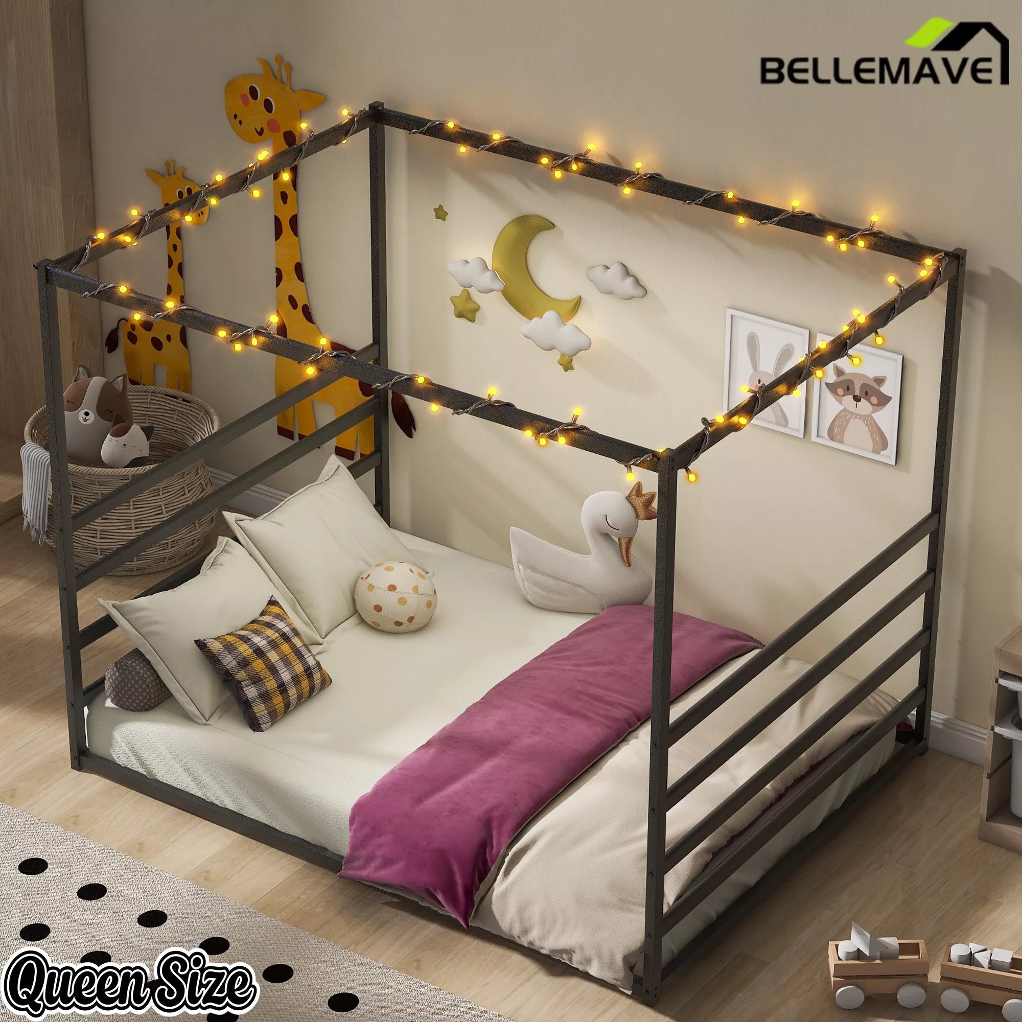 Bellemave® Metal Canopy Floor Bed with Guardrails - Bellemave