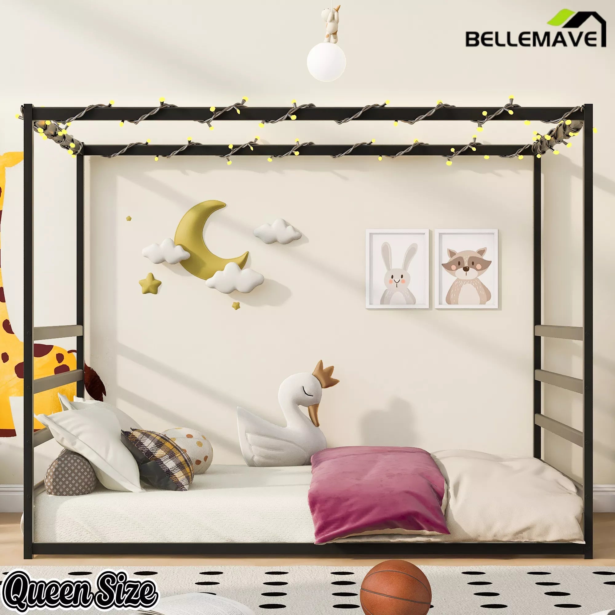 Bellemave® Metal Canopy Floor Bed with Guardrails - Bellemave