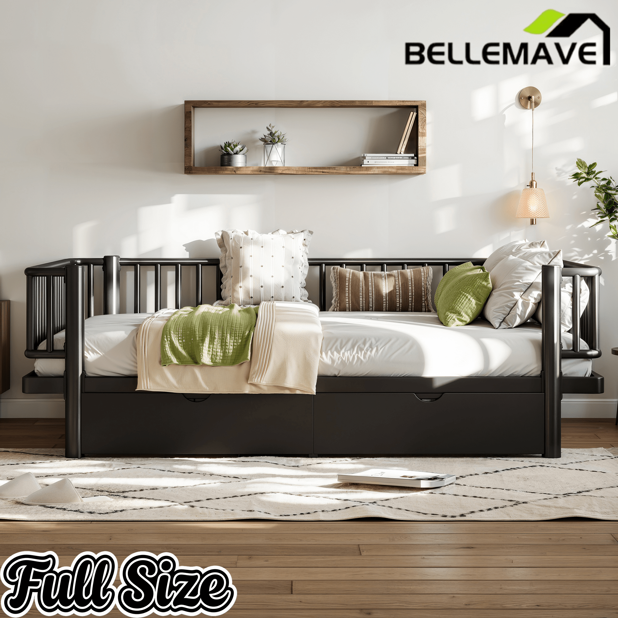 Bellemave® Metal Daybed Frame with Storage Drawers & Detachable Fence, Can be Transformed into Platform Bed with Upgraded Safety Round - Pipe Design - Bellemave