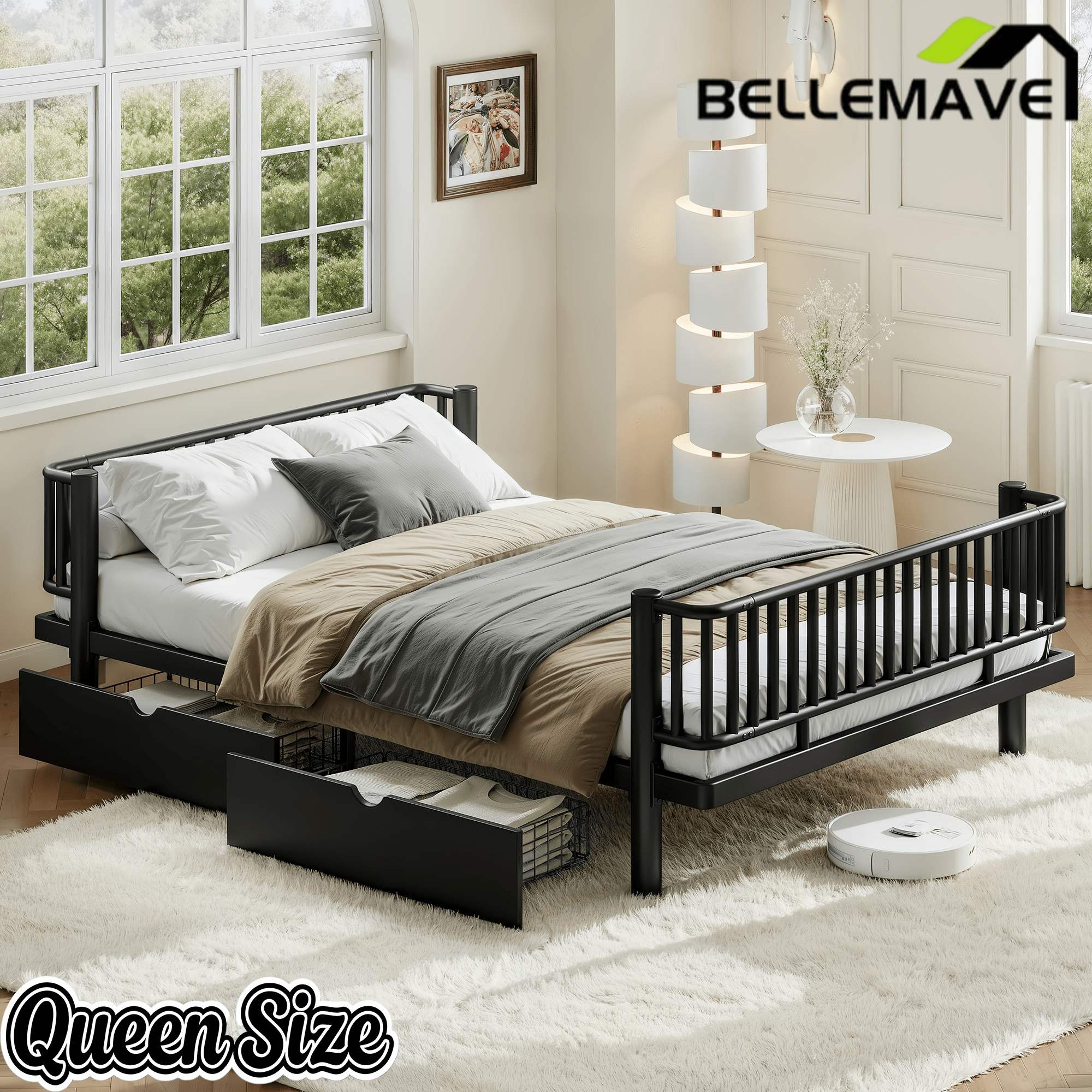 Bellemave® Metal Daybed Frame with Storage Drawers & Detachable Fence, Can be Transformed into Platform Bed with Upgraded Safety Round - Pipe Design - Bellemave
