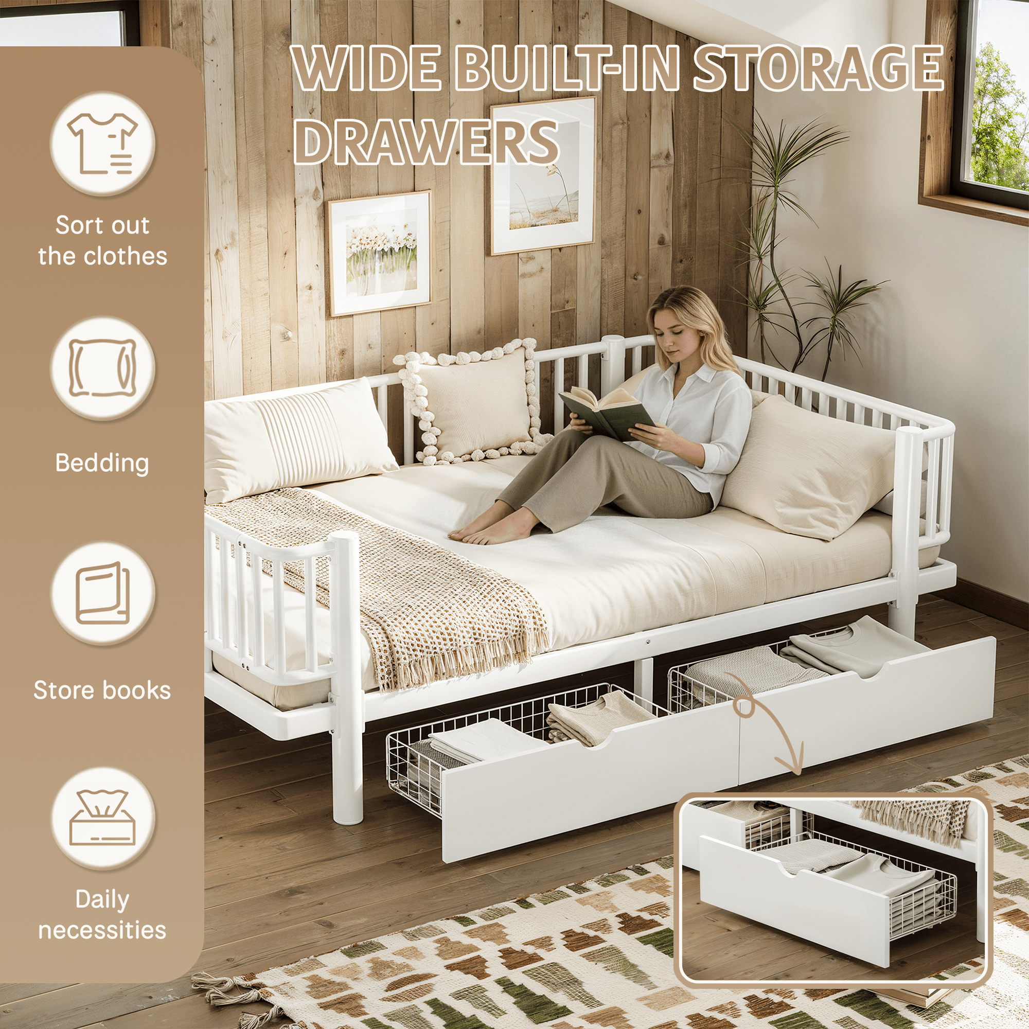 Bellemave® Metal Daybed Frame with Storage Drawers & Detachable Fence, Can be Transformed into Platform Bed with Upgraded Safety Round - Pipe Design - Bellemave