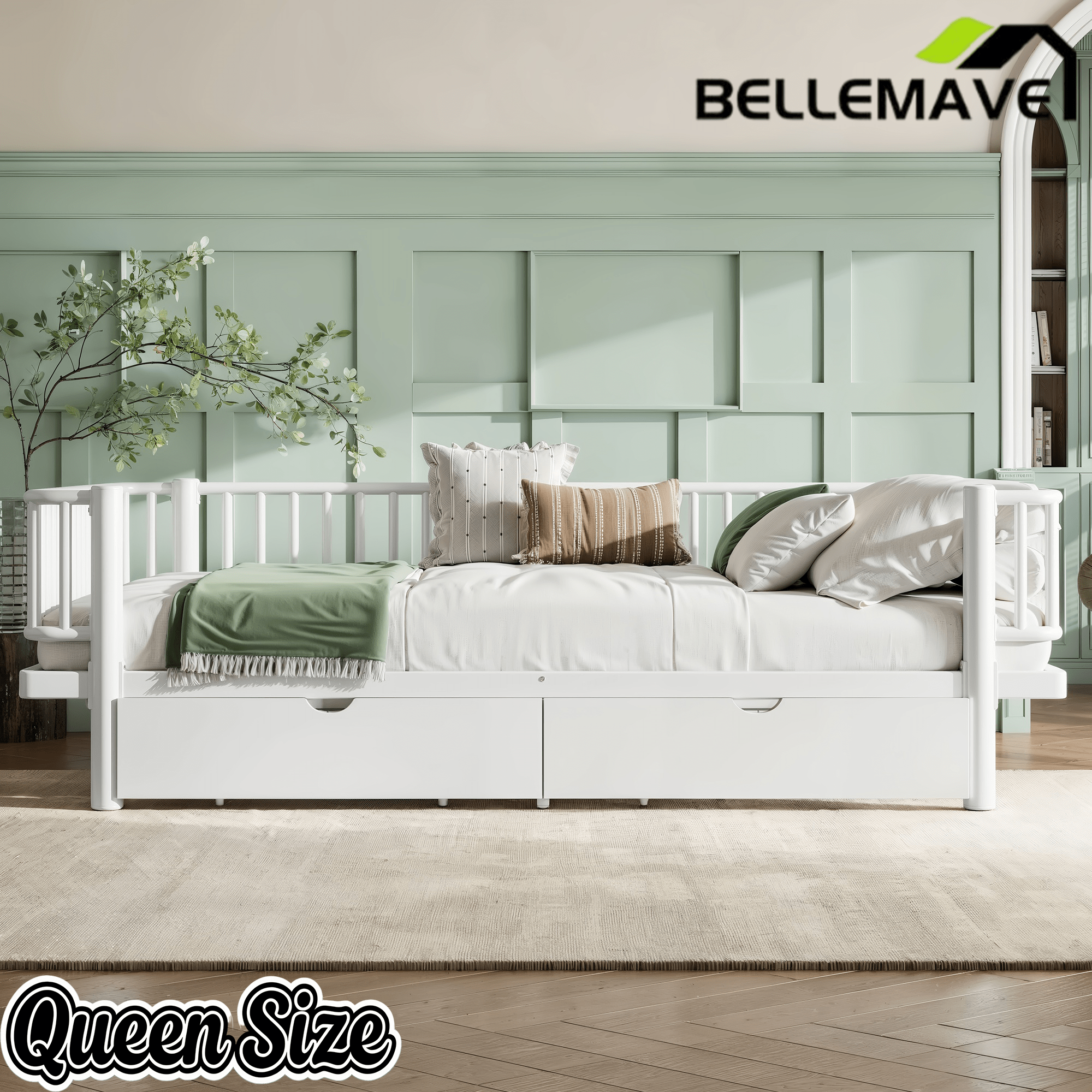 Bellemave® Metal Daybed Frame with Storage Drawers & Detachable Fence, Can be Transformed into Platform Bed with Upgraded Safety Round - Pipe Design - Bellemave