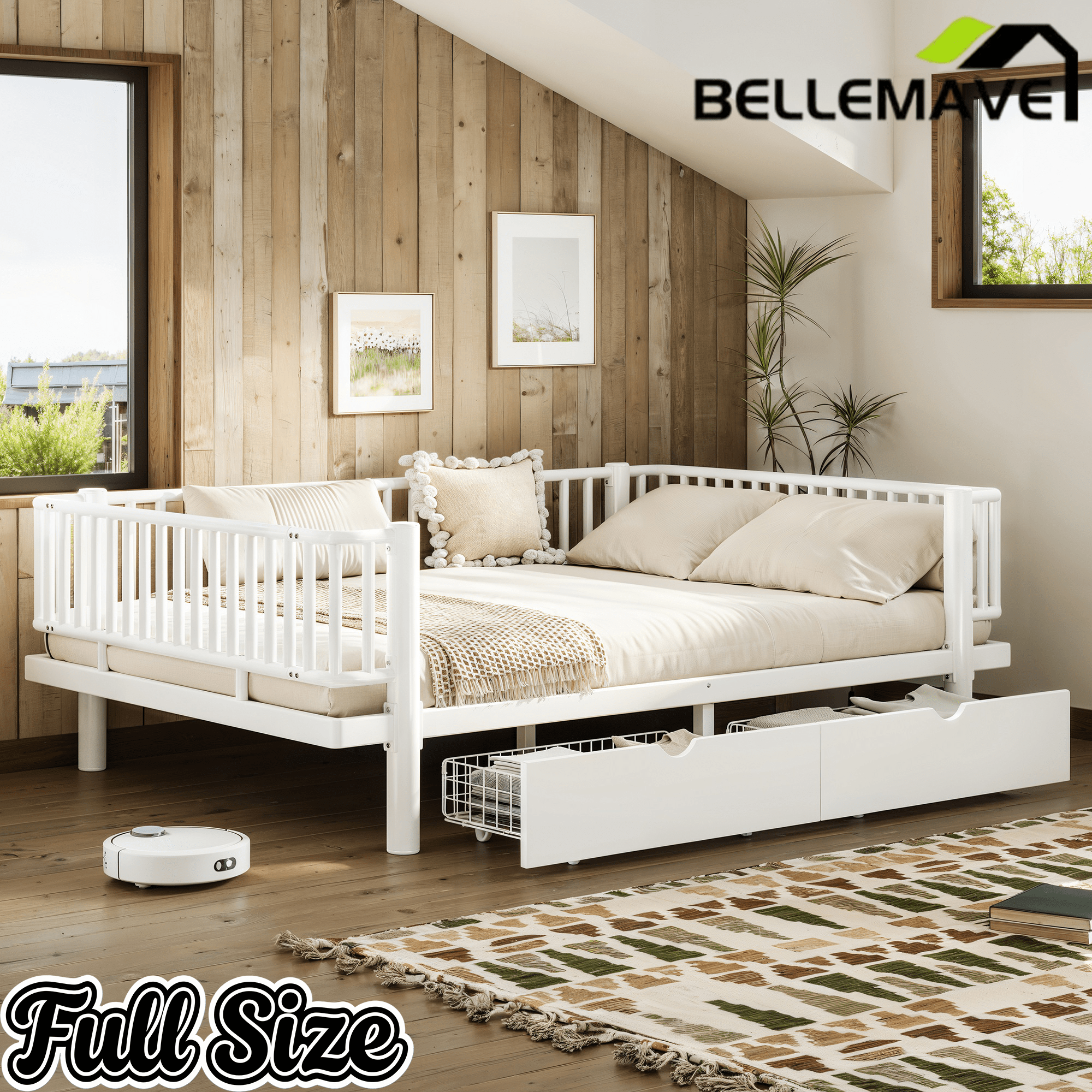 Bellemave® Metal Daybed Frame with Storage Drawers & Detachable Fence, Can be Transformed into Platform Bed with Upgraded Safety Round - Pipe Design - Bellemave