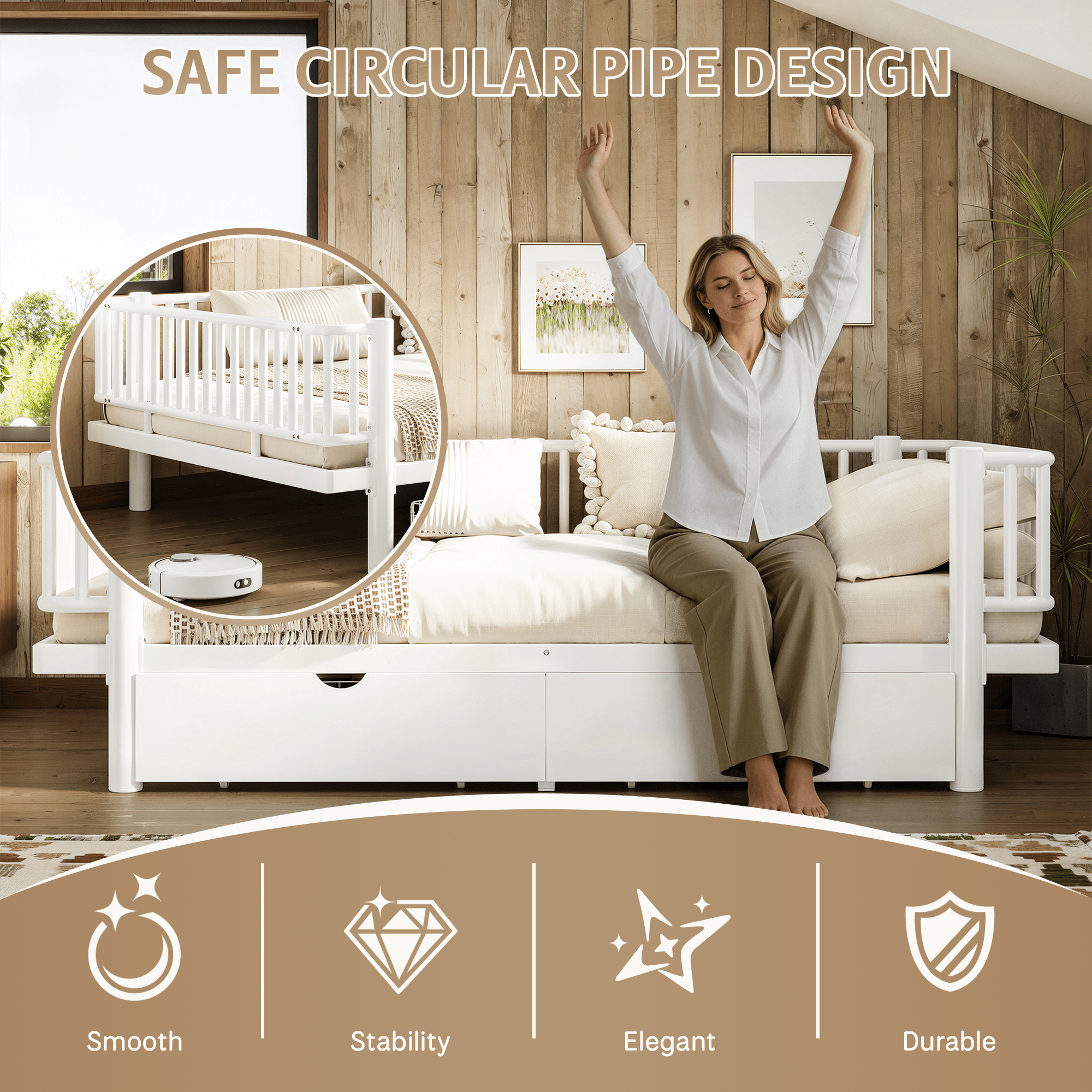 Bellemave® Metal Daybed Frame with Storage Drawers & Detachable Fence, Can be Transformed into Platform Bed with Upgraded Safety Round - Pipe Design - Bellemave