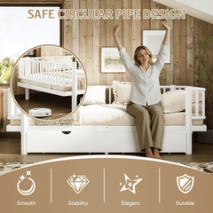 Bellemave® Metal Daybed Frame with Storage Drawers & Detachable Fence, Can be Transformed into Platform Bed with Upgraded Safety Round - Pipe Design - Bellemave