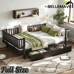 Bellemave® Metal Daybed Frame with Storage Drawers & Detachable Fence, Can be Transformed into Platform Bed with Upgraded Safety Round - Pipe Design - Bellemave