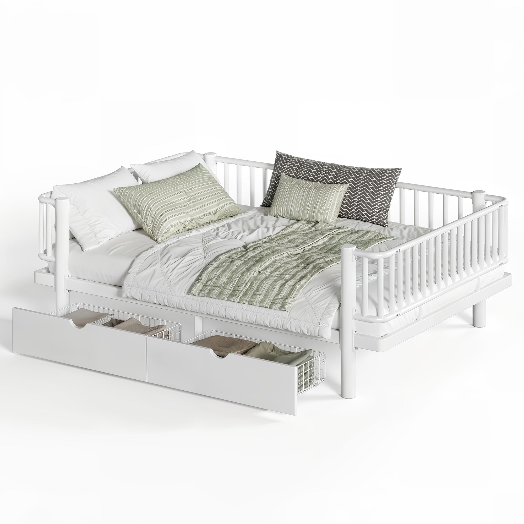 Bellemave® Metal Daybed Frame with Storage Drawers & Detachable Fence, Can be Transformed into Platform Bed with Upgraded Safety Round - Pipe Design - Bellemave