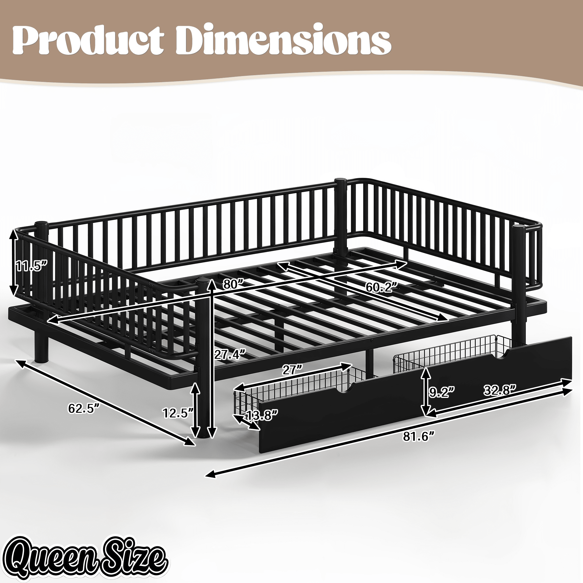 Bellemave® Metal Daybed Frame with Storage Drawers & Detachable Fence, Can be Transformed into Platform Bed with Upgraded Safety Round - Pipe Design - Bellemave