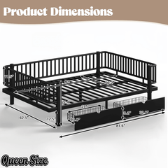 Bellemave® Metal Daybed Frame with Storage Drawers & Detachable Fence, Can be Transformed into Platform Bed with Upgraded Safety Round - Pipe Design - Bellemave