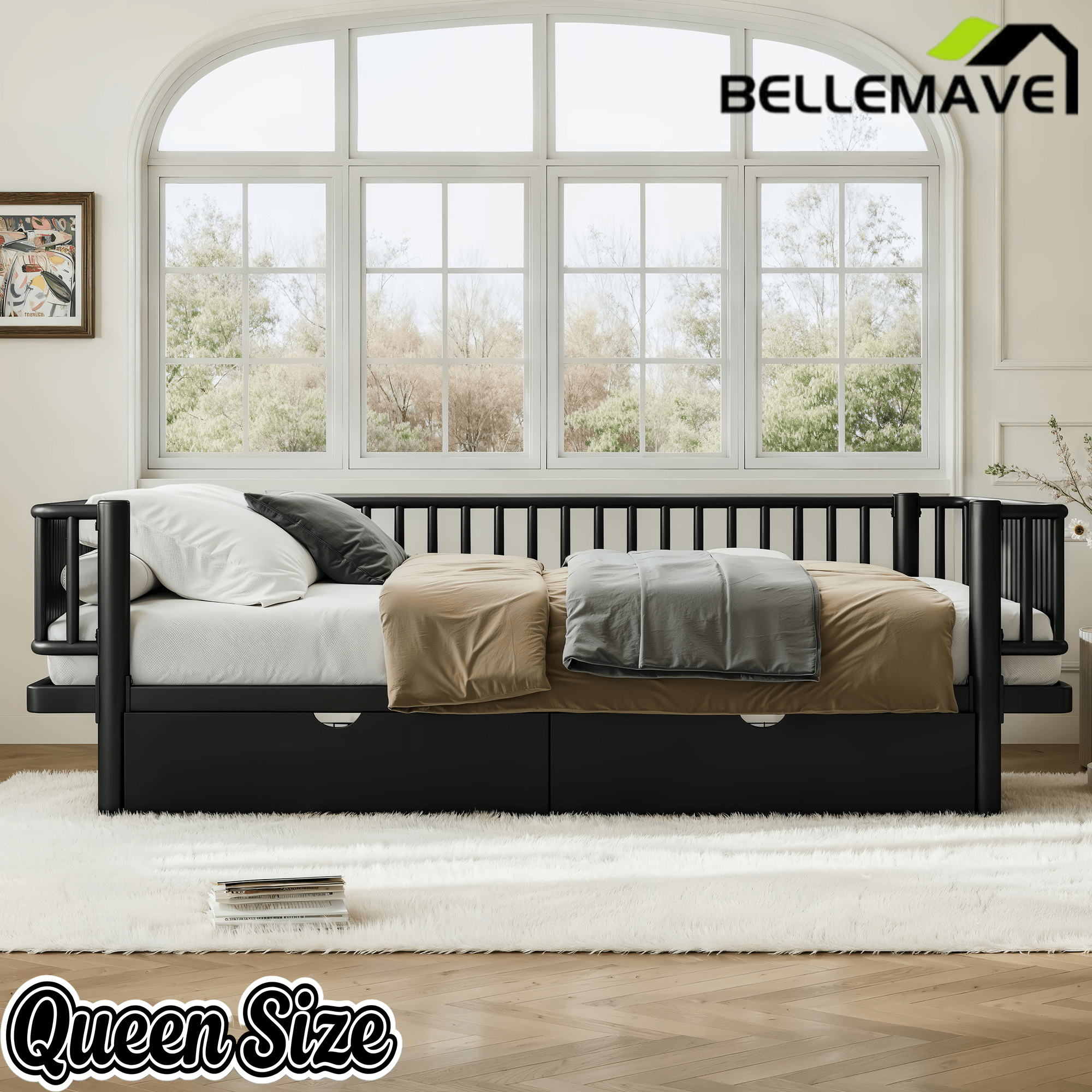 Bellemave® Metal Daybed Frame with Storage Drawers & Detachable Fence, Can be Transformed into Platform Bed with Upgraded Safety Round - Pipe Design - Bellemave