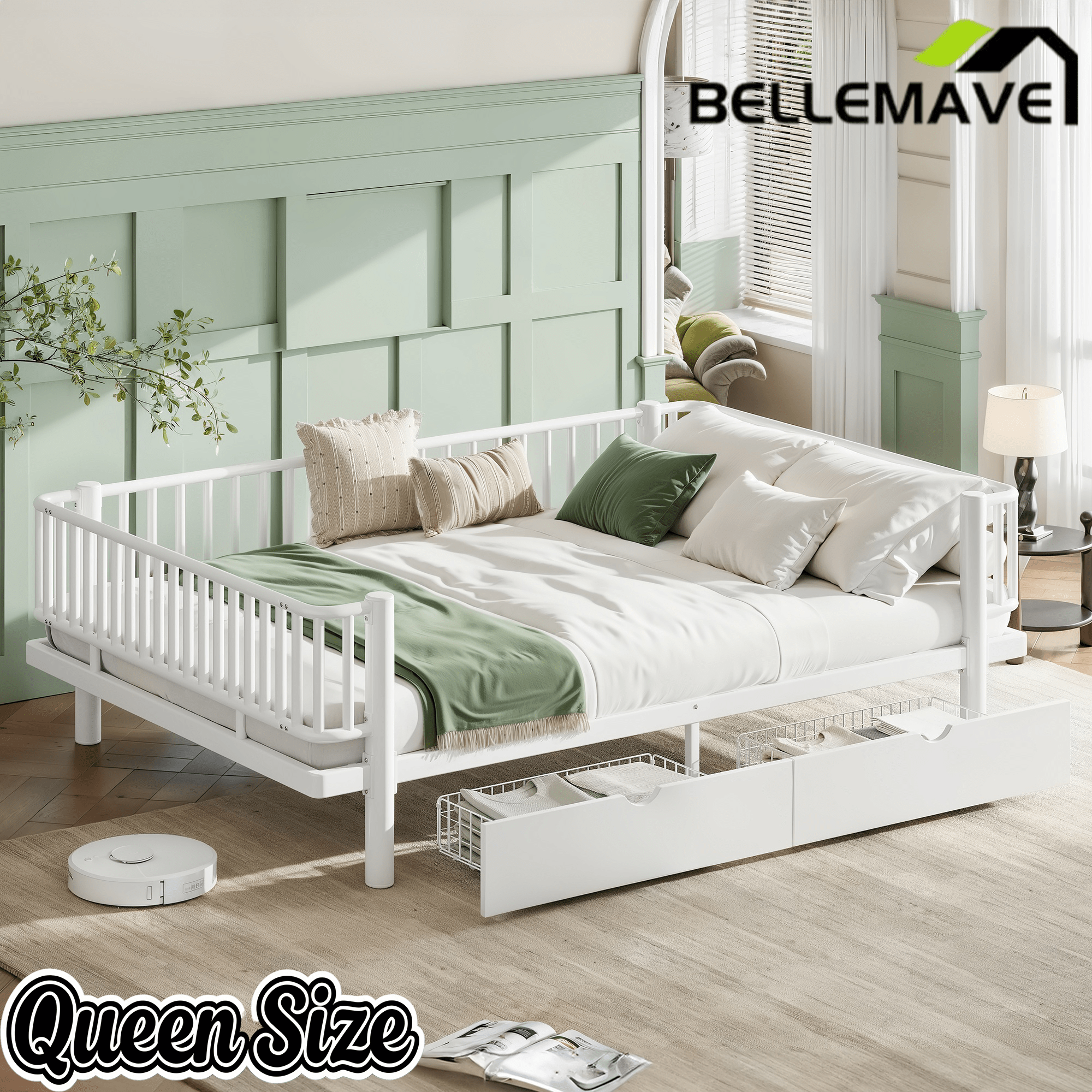 Bellemave® Metal Daybed Frame with Storage Drawers & Detachable Fence, Can be Transformed into Platform Bed with Upgraded Safety Round - Pipe Design - Bellemave