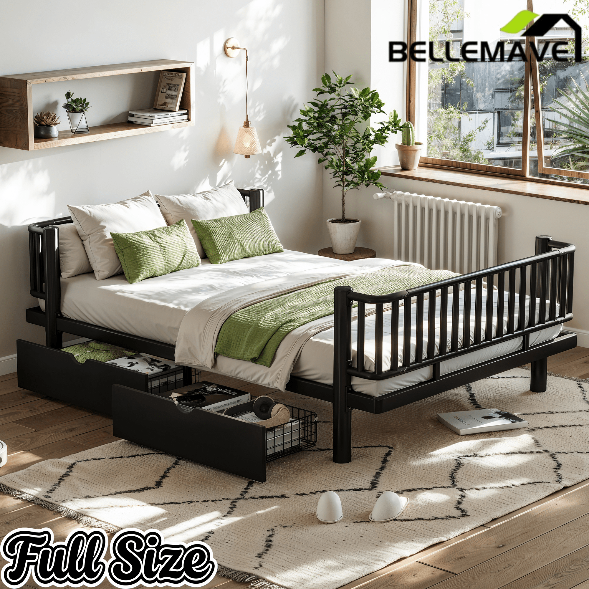 Bellemave® Metal Daybed Frame with Storage Drawers & Detachable Fence, Can be Transformed into Platform Bed with Upgraded Safety Round - Pipe Design - Bellemave