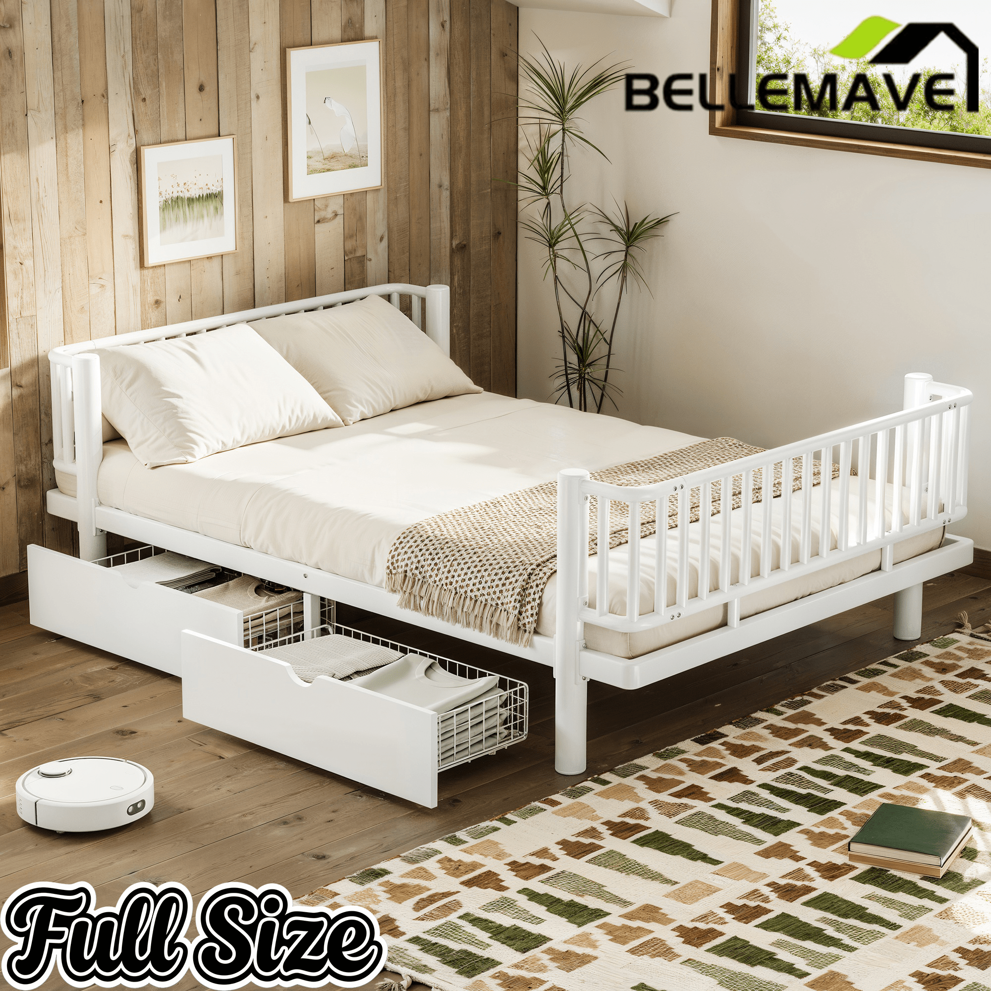 Bellemave® Metal Daybed Frame with Storage Drawers & Detachable Fence, Can be Transformed into Platform Bed with Upgraded Safety Round - Pipe Design - Bellemave