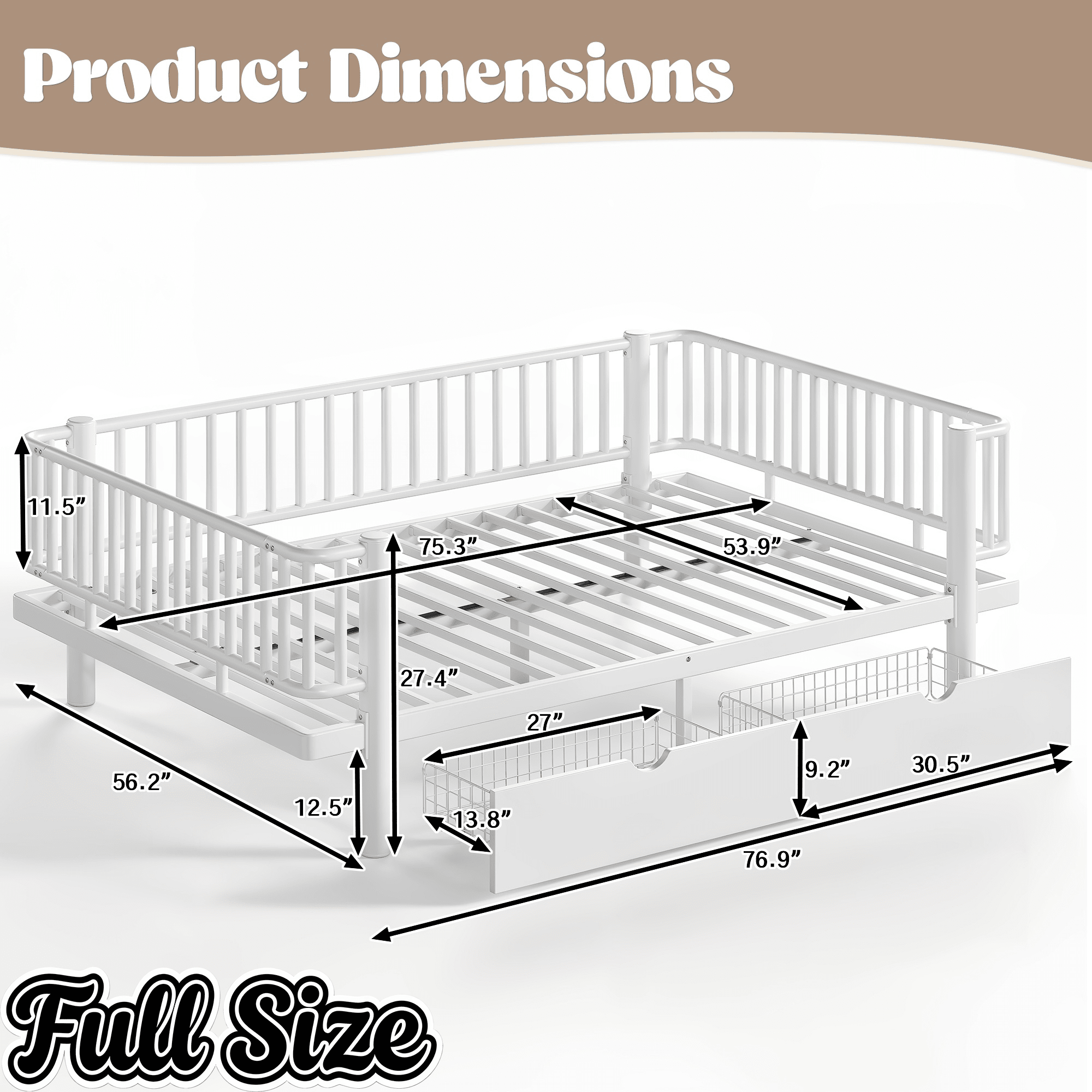 Bellemave® Metal Daybed Frame with Storage Drawers & Detachable Fence, Can be Transformed into Platform Bed with Upgraded Safety Round - Pipe Design - Bellemave
